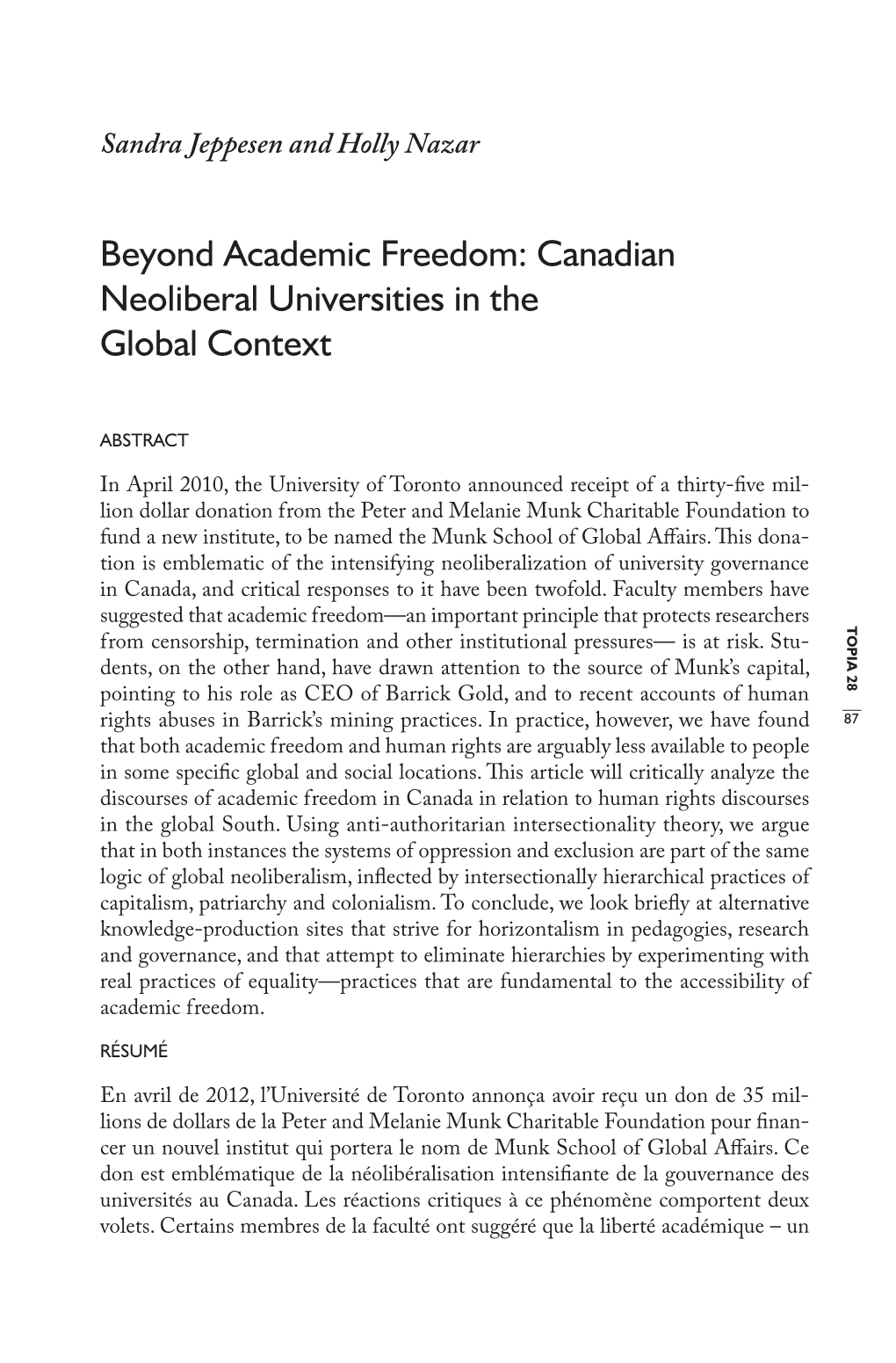 Canadian Neoliberal Universities in the Global Context