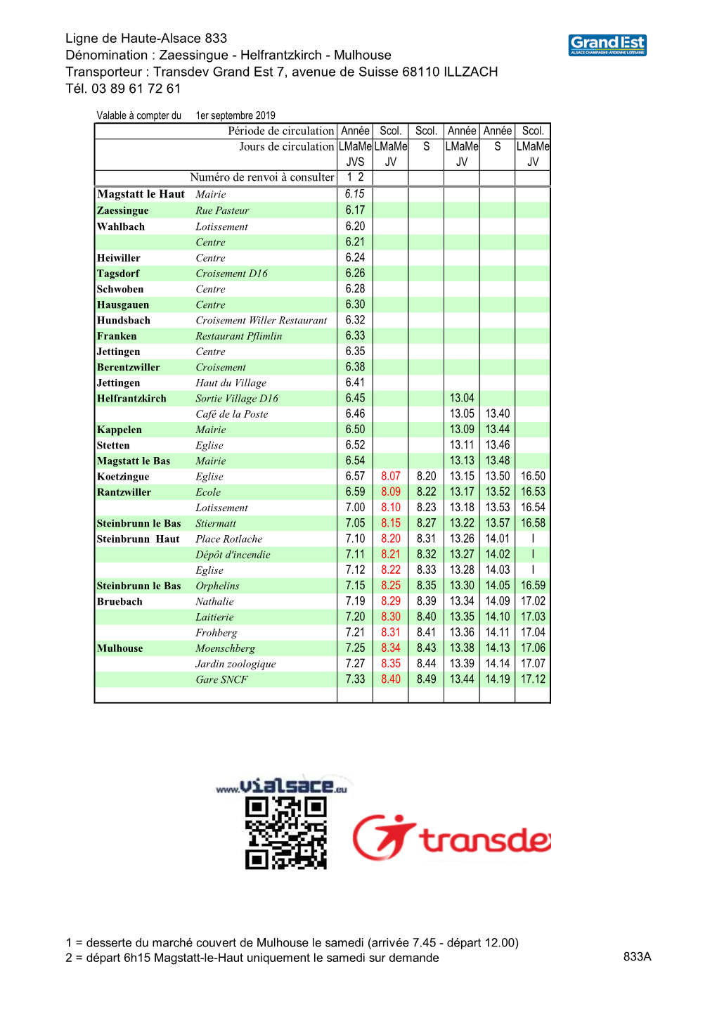 Ligne De Haute-Alsace 833 Dénomination : Zaessingue - Helfrantzkirch - Mulhouse Transporteur : Transdev Grand Est 7, Avenue De Suisse 68110 ILLZACH Tél