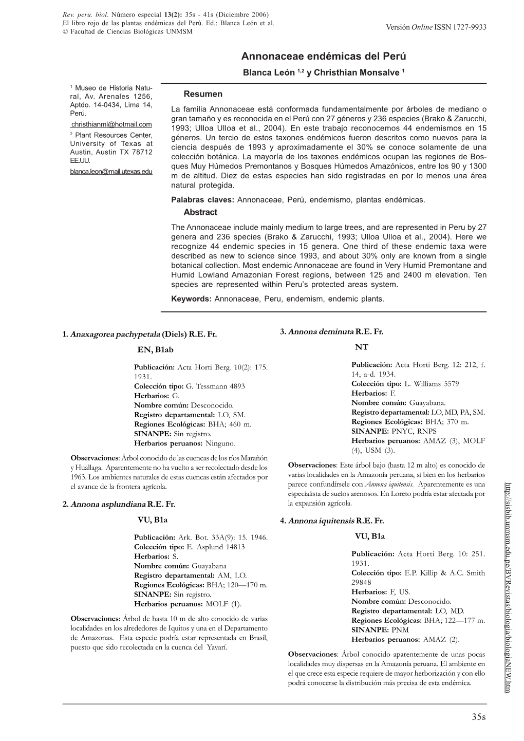 ANNONACEAE ENDÉMICAS DEL PERÚ Versión Online ISSN 1727-9933 © Facultad De Ciencias Biológicas UNMSM