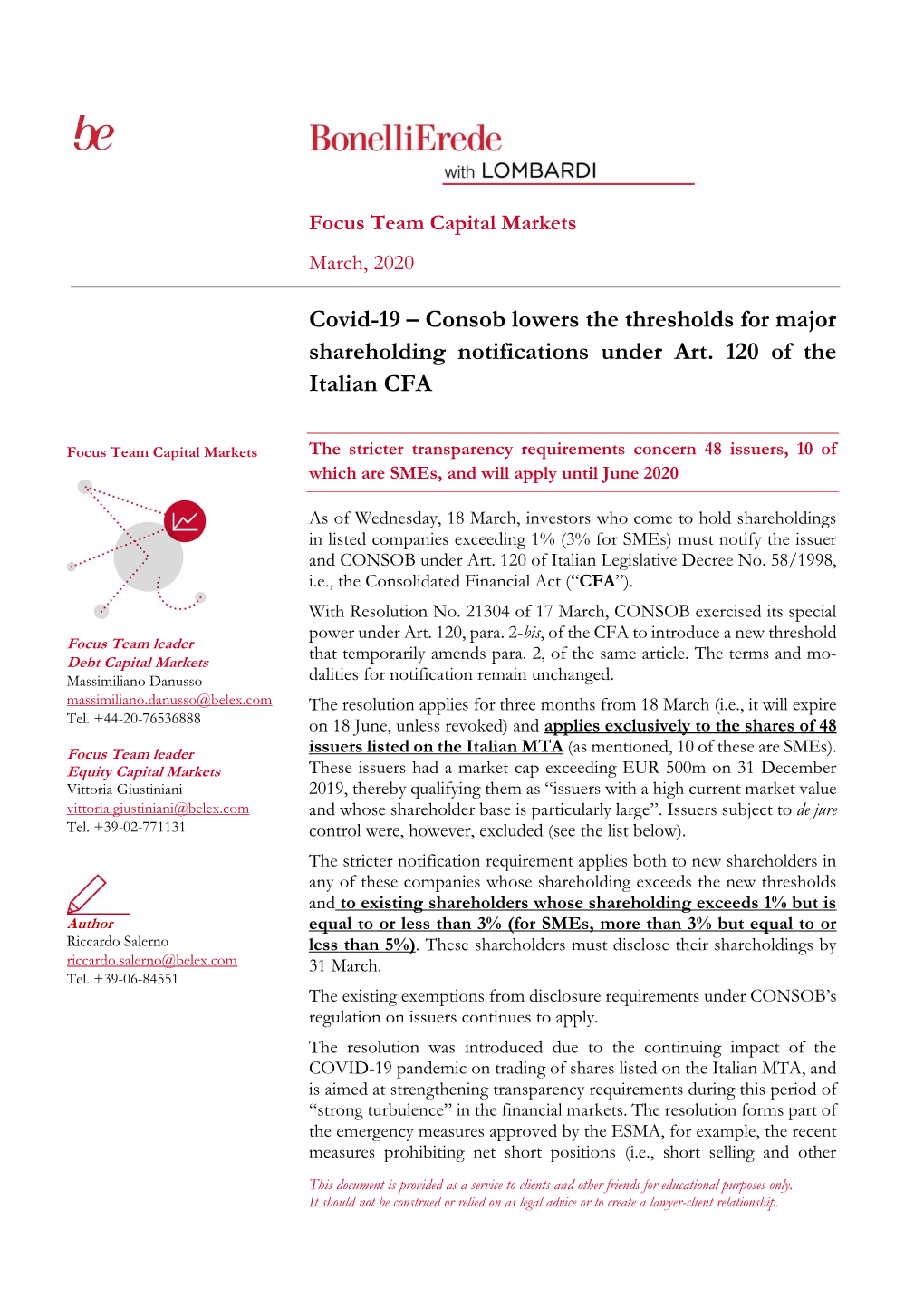 Covid-19 – Consob Lowers the Thresholds for Major Shareholding Notifications Under Art