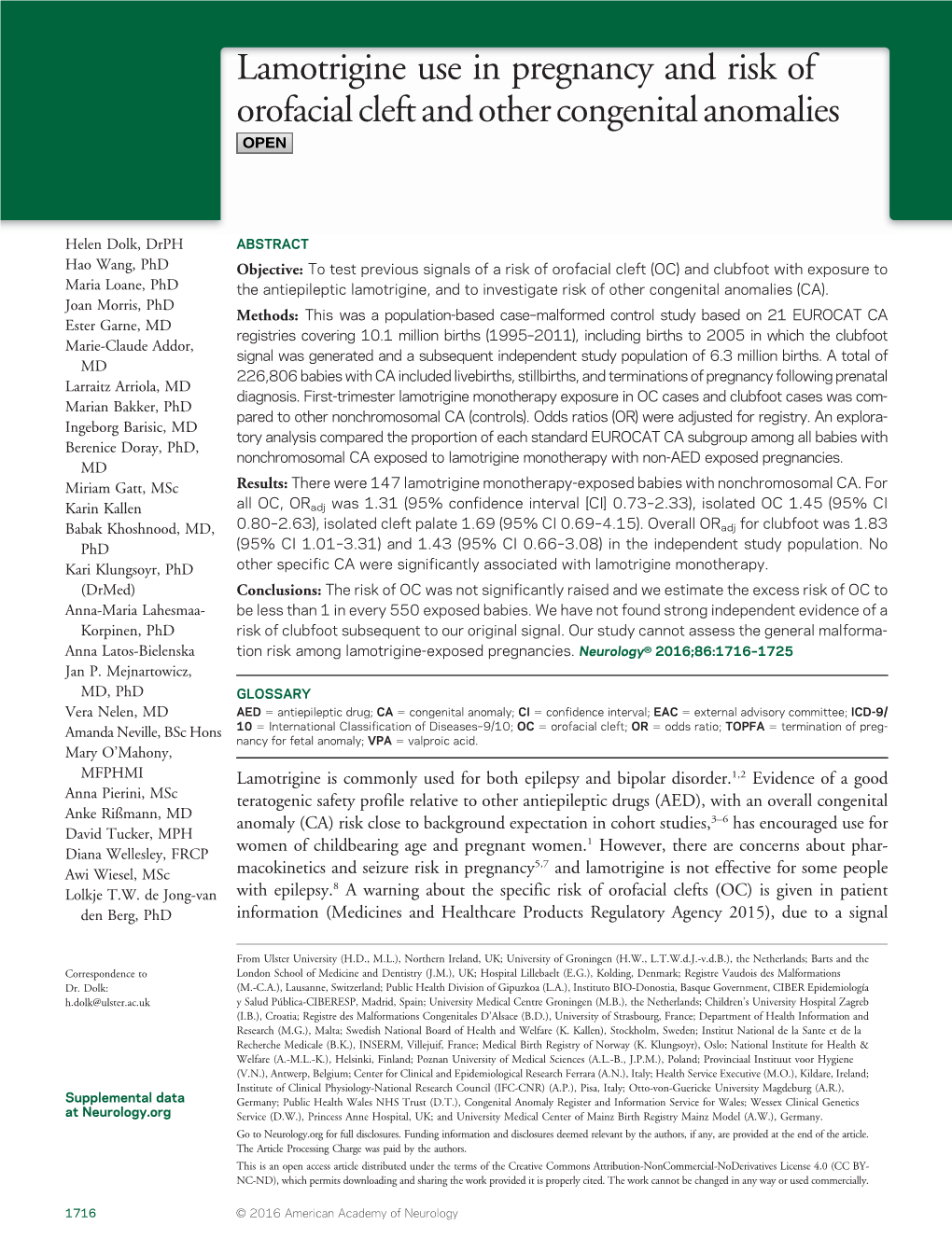 Lamotrigine Use in Pregnancy and Risk of Orofacial Cleft and Other Congenital Anomalies