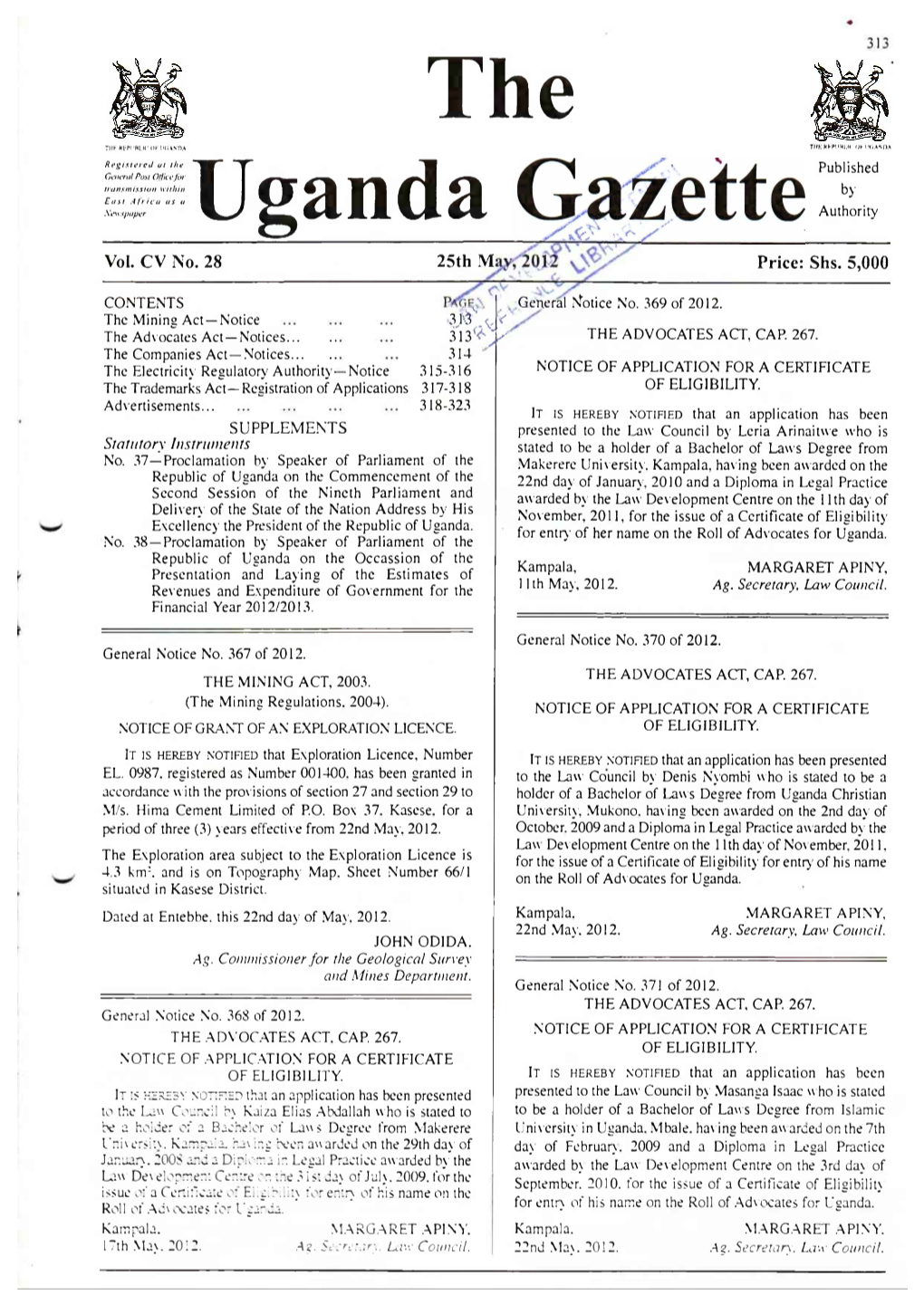 THE UGANDA GAZETTE [25 T H M a Y