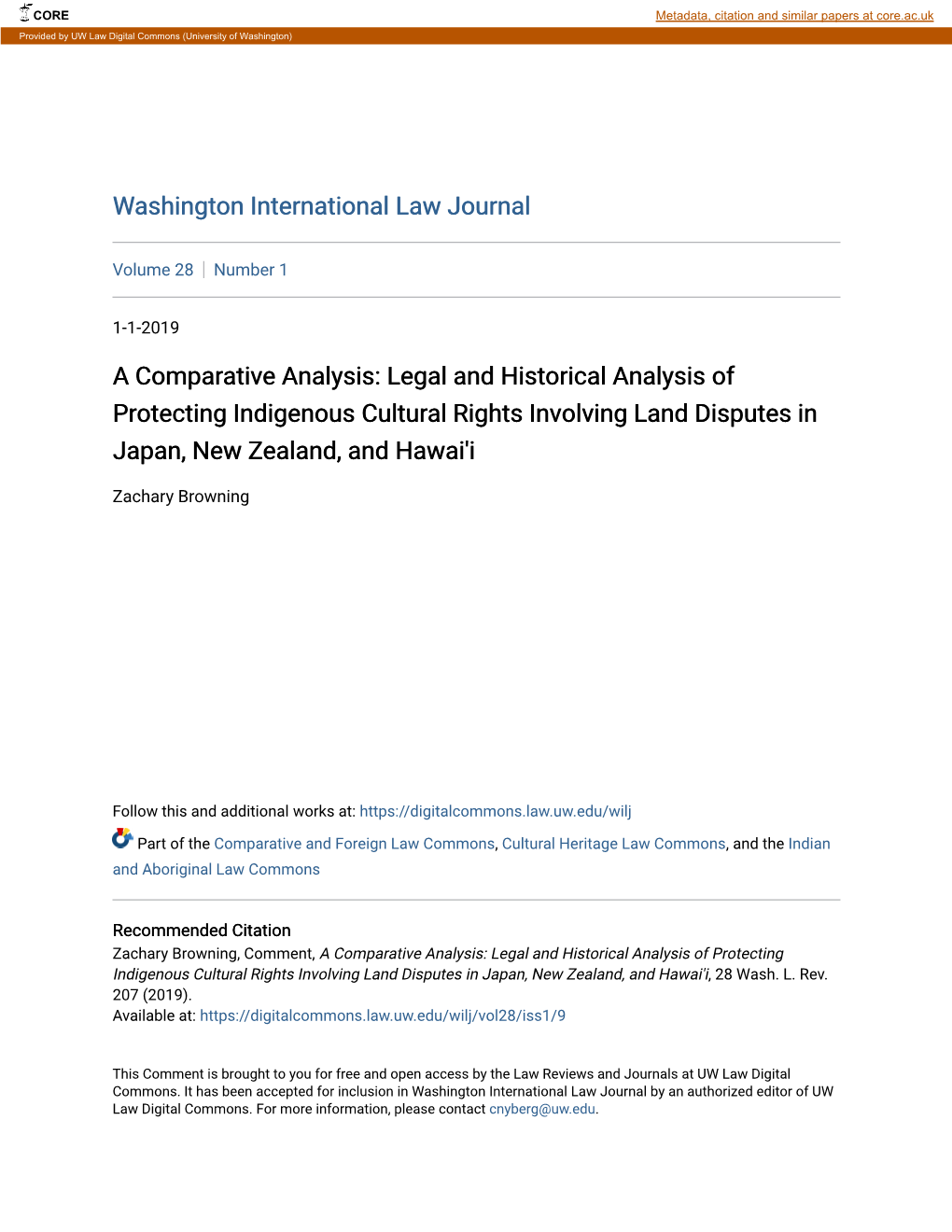 Legal and Historical Analysis of Protecting Indigenous Cultural Rights Involving Land Disputes in Japan, New Zealand, and Hawai'i