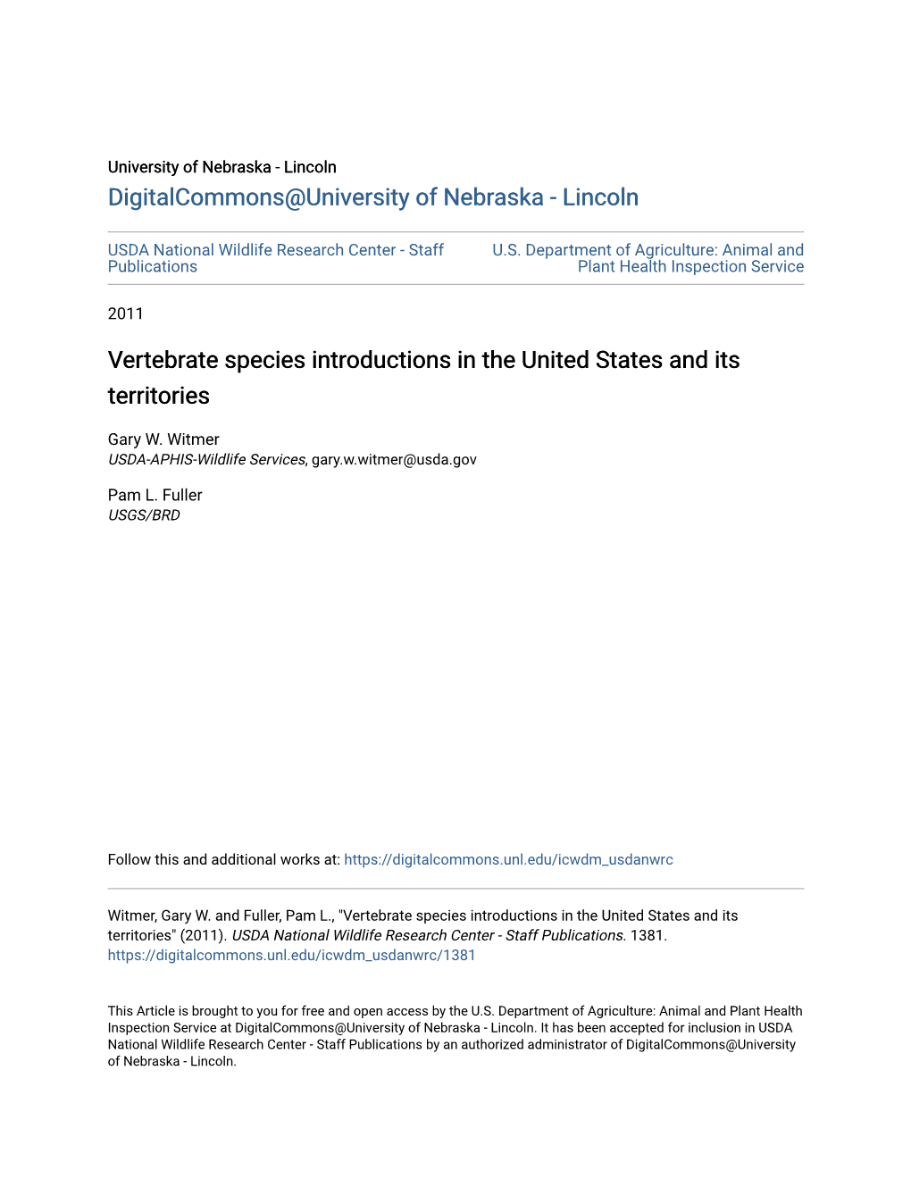 Vertebrate Species Introductions in the United States and Its Territories