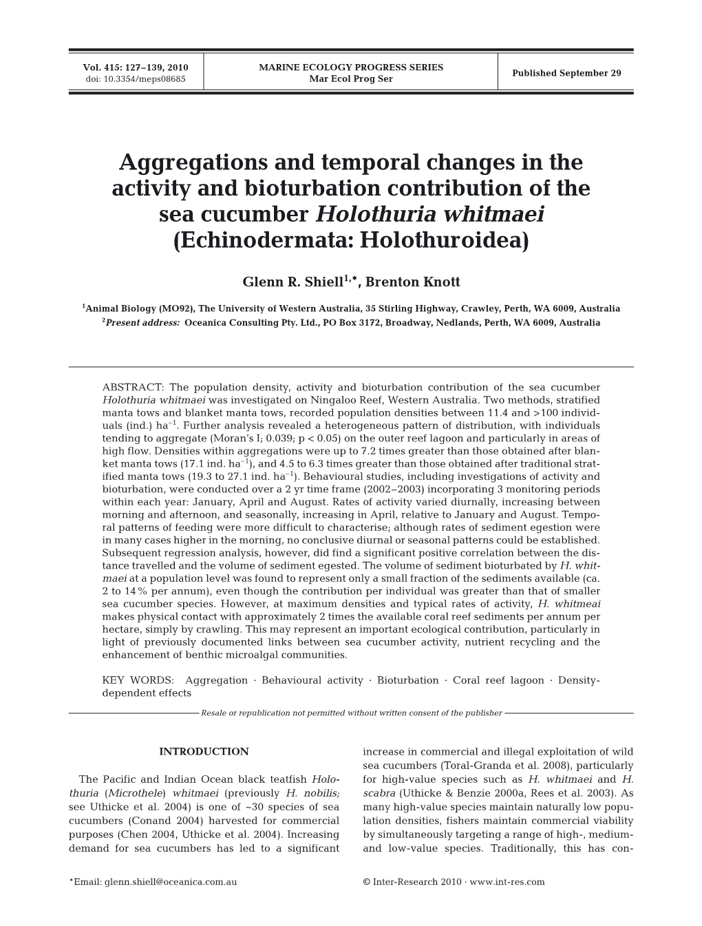 Aggregations and Temporal Changes in the Activity and Bioturbation Contribution of the Sea Cucumber Holothuria Whitmaei (Echinodermata: Holothuroidea)