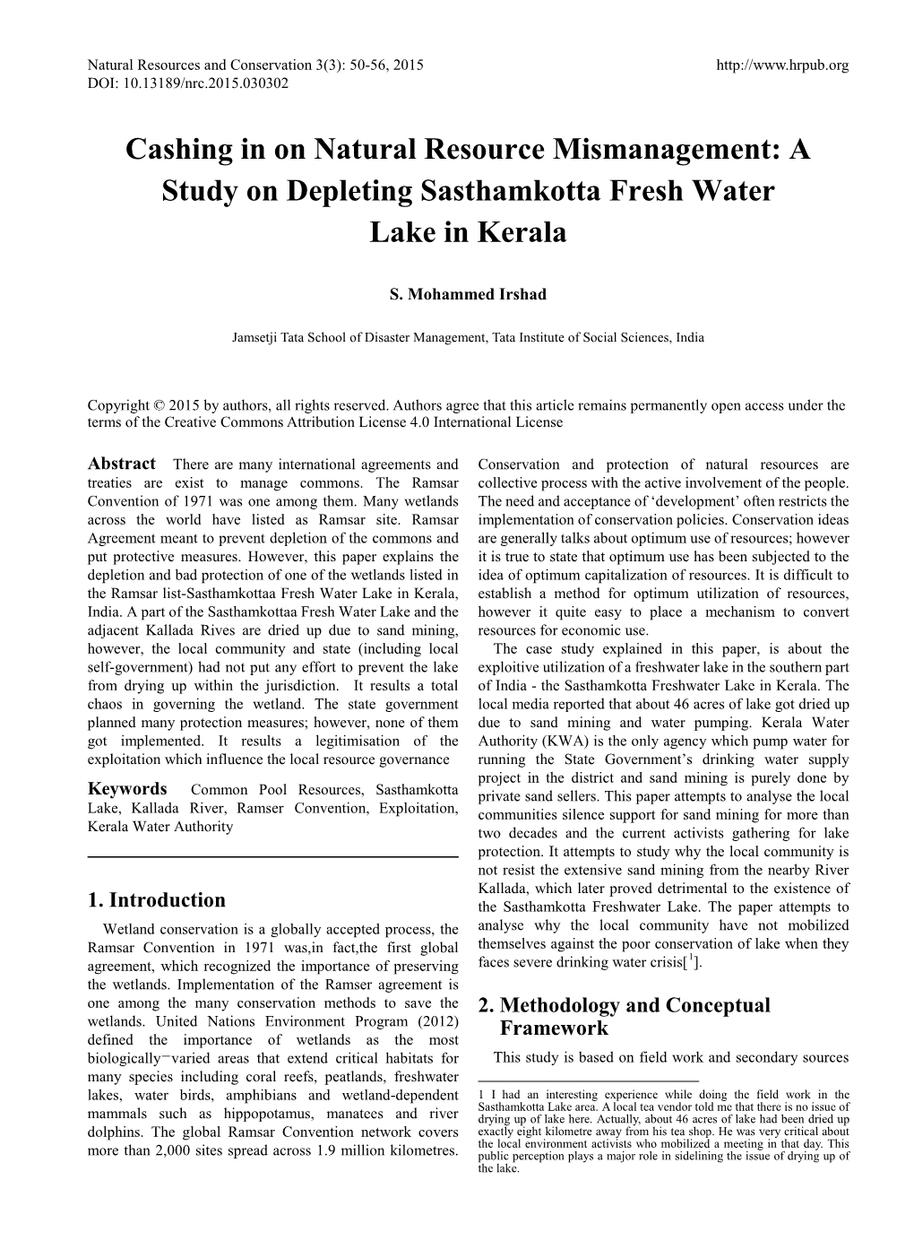 A Study on Depleting Sasthamkotta Fresh Water Lake in Kerala