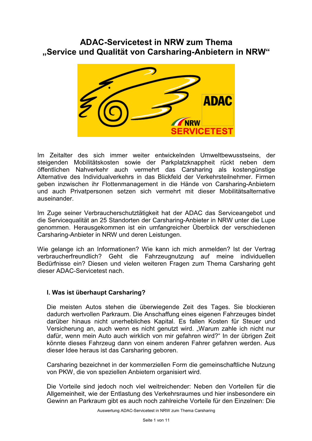 ADAC-Servicetest in NRW Zum Thema „Service Und Qualität Von Carsharing-Anbietern in NRW“