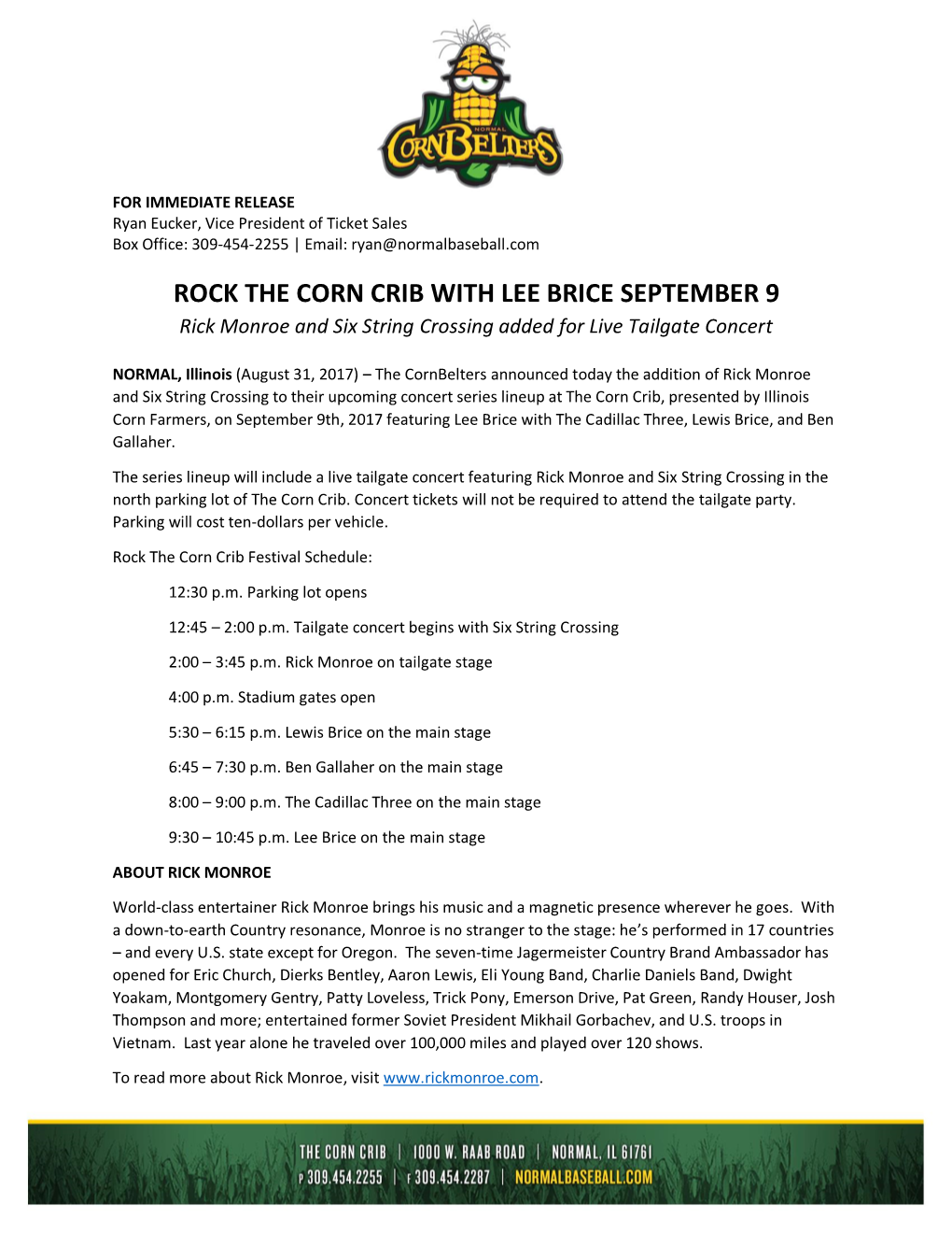 ROCK the CORN CRIB with LEE BRICE SEPTEMBER 9 Rick Monroe and Six String Crossing Added for Live Tailgate Concert