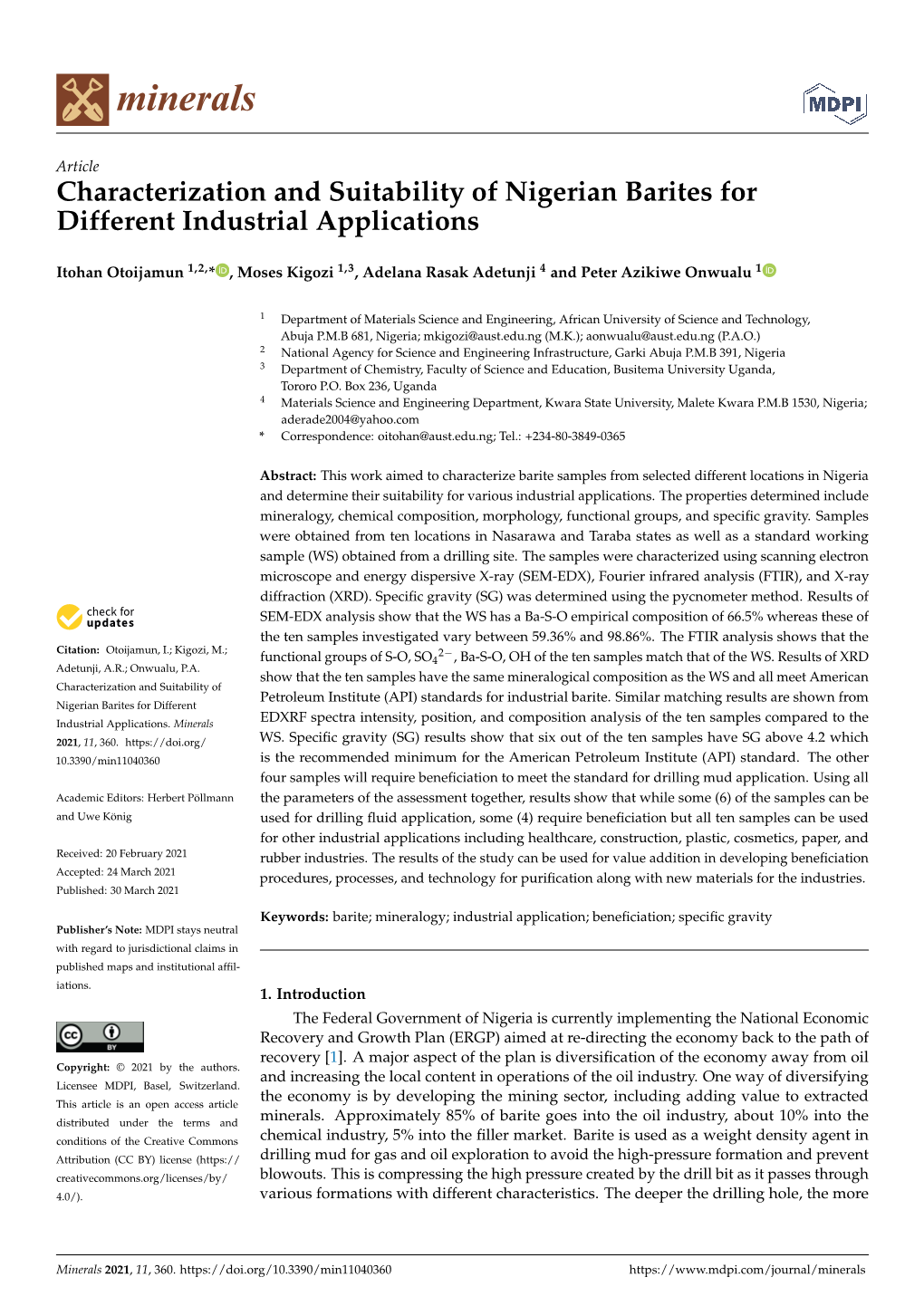 Characterization and Suitability of Nigerian Barites for Different Industrial Applications