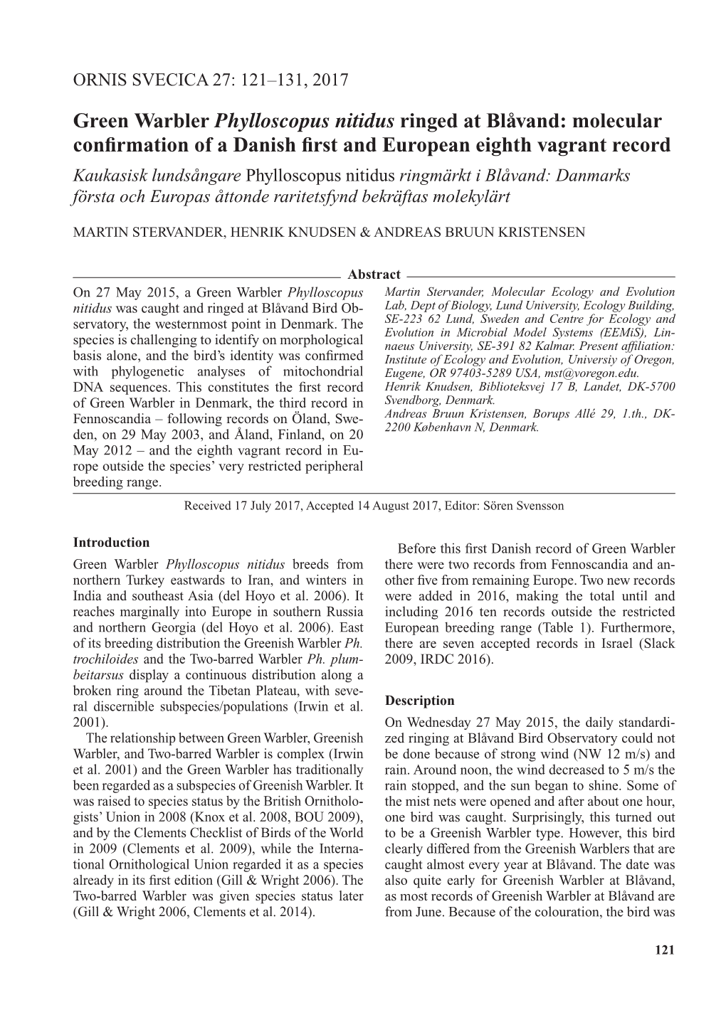 Green Warbler Phylloscopus Nitidus Ringed at Blåvand: Molecular