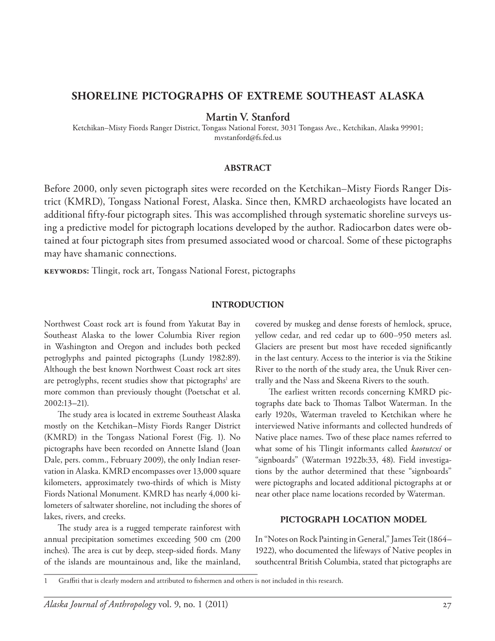 Shoreline Pictographs of Extreme Southeast Alaska Martin V. Stanford