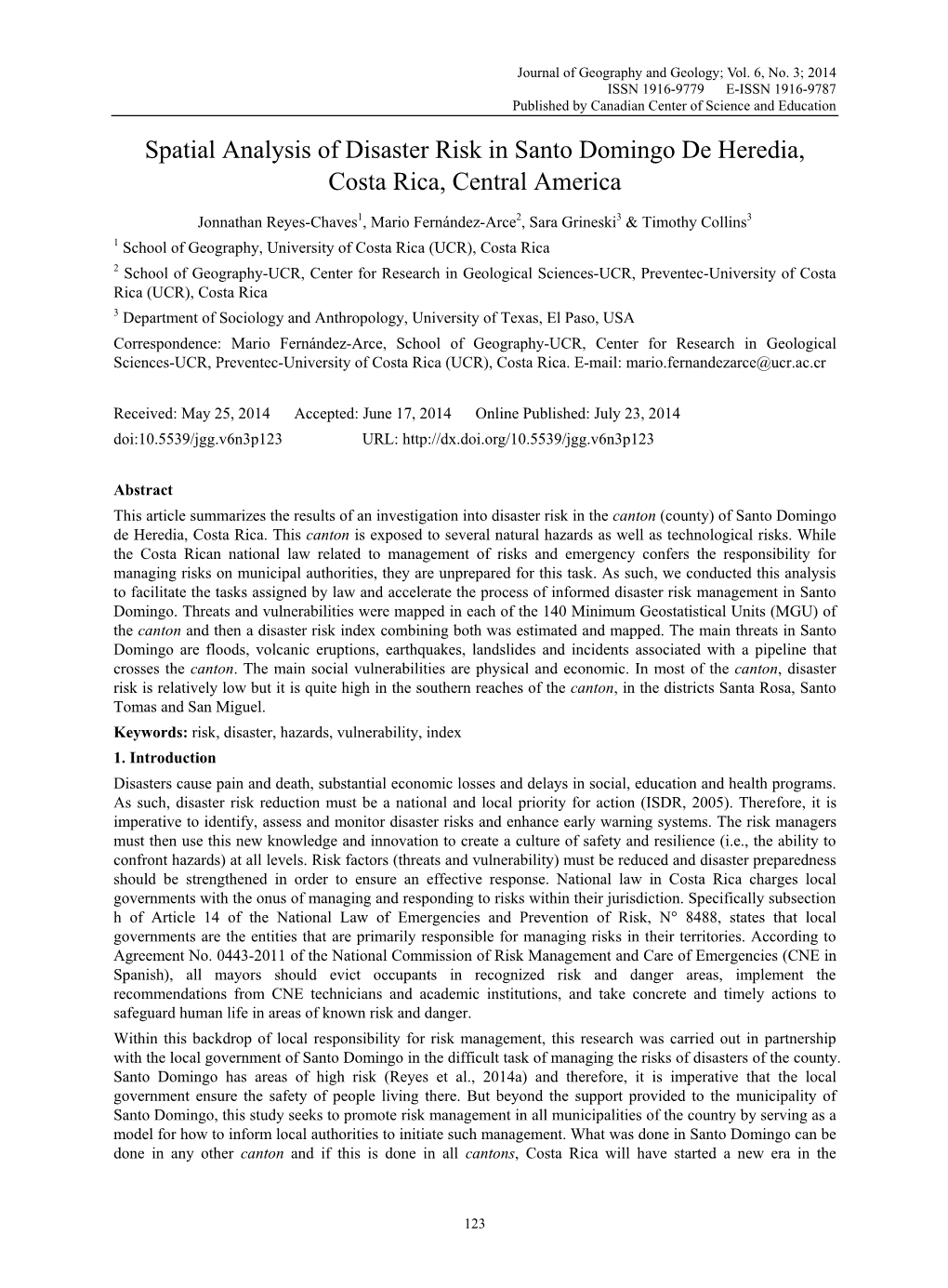 Spatial Analysis of Disaster Risk in Santo Domingo De Heredia, Costa Rica, Central America