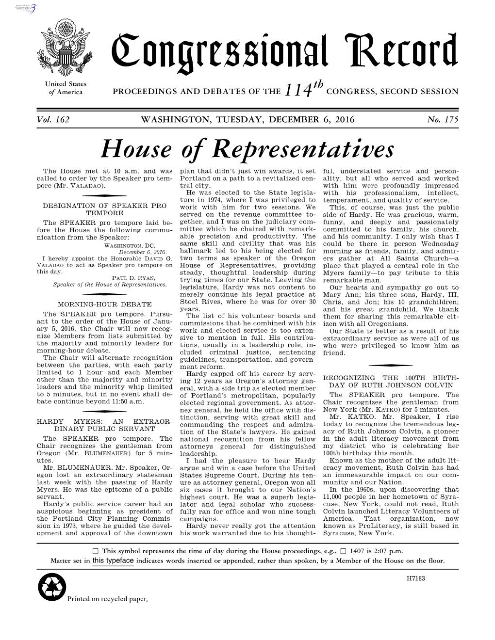 Congressional Record United States Th of America PROCEEDINGS and DEBATES of the 114 CONGRESS, SECOND SESSION