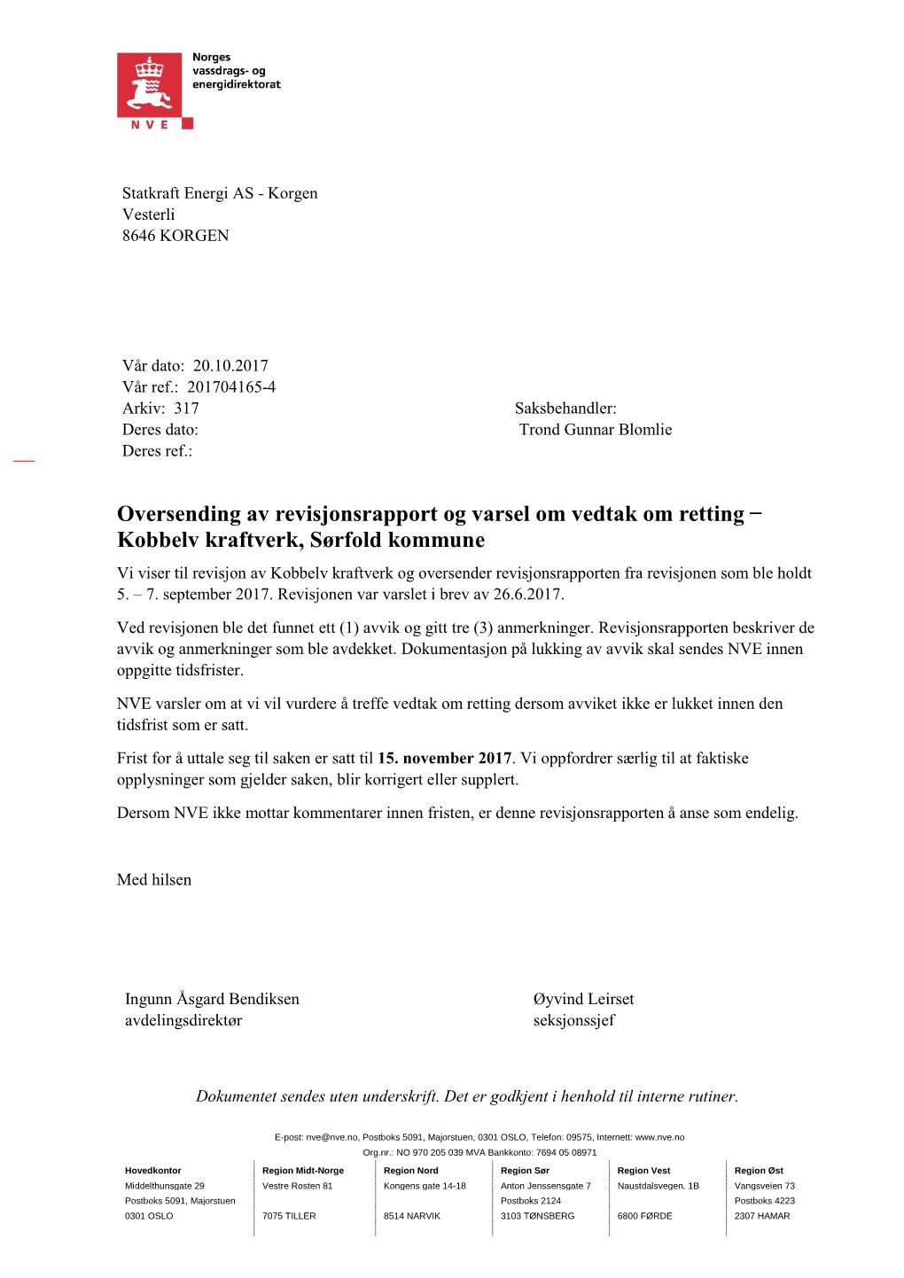 Oversending Av Revisjonsrapport Og Varsel Om Vedtak Om Retting ̶