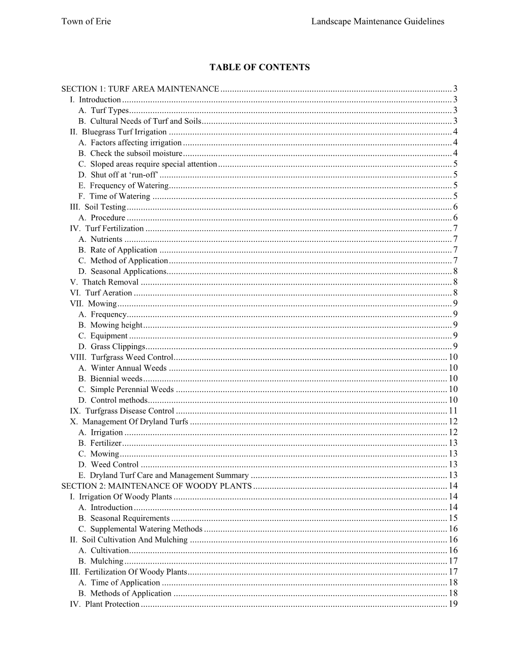 Town of Erie Landscape Maintenance Guidelines TABLE of CONTENTS