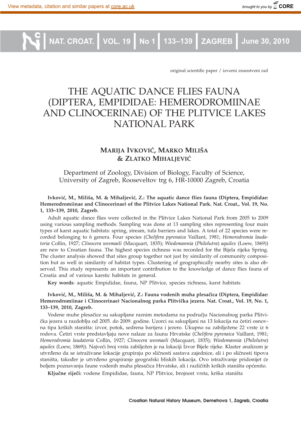 The Aquatic Dance Flies Fauna (Diptera, Empididae: Hemerodromiinae and Clinocerinae) of the Plitvice Lakes National Park