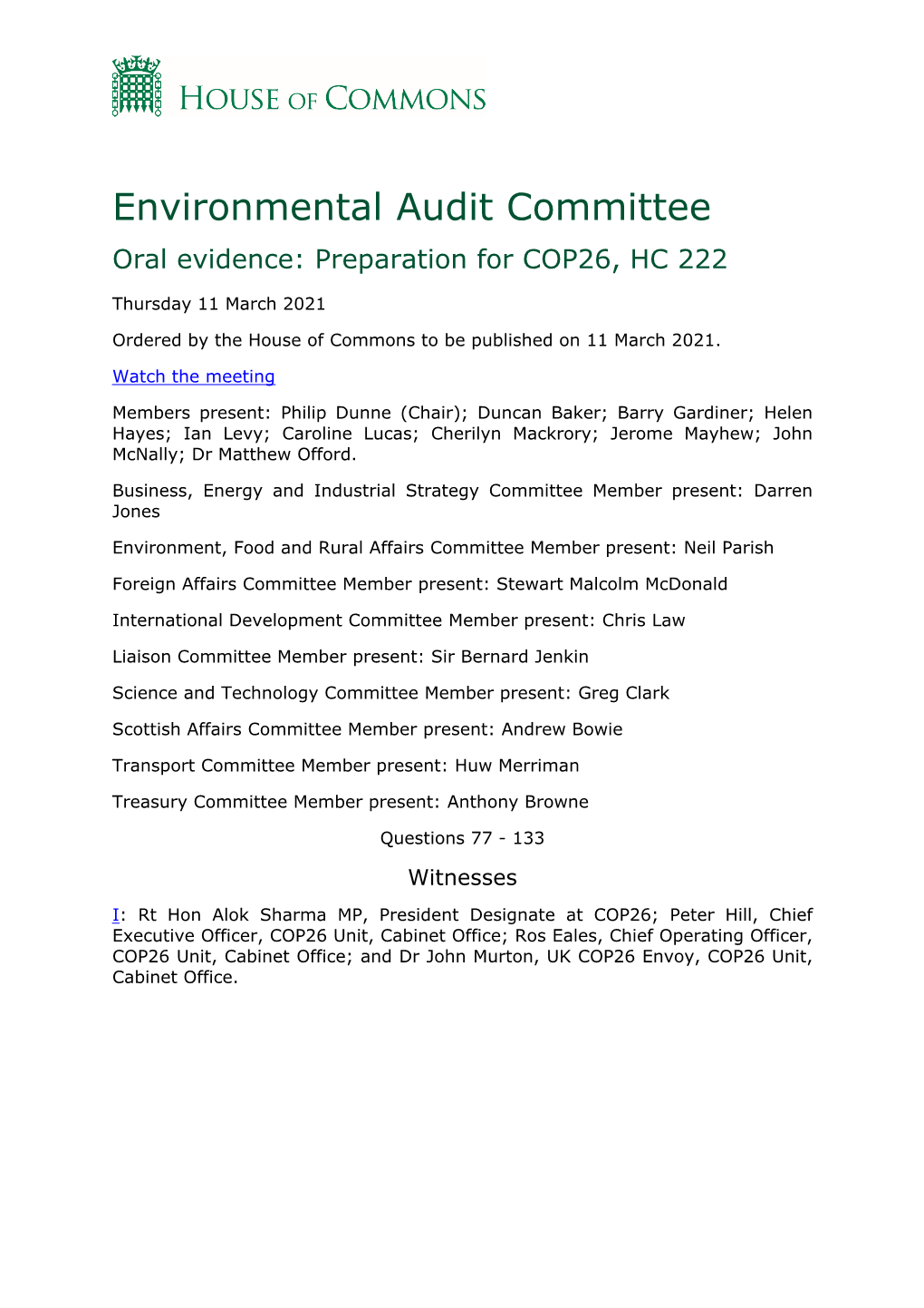 Environmental Audit Committee Oral Evidence: Preparation for COP26, HC 222