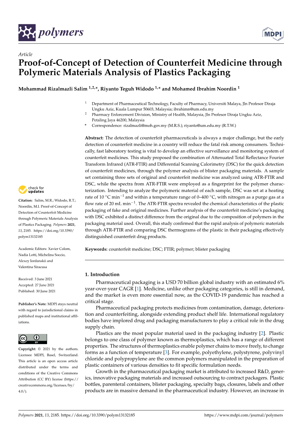 Proof-Of-Concept of Detection of Counterfeit Medicine Through Polymeric Materials Analysis of Plastics Packaging