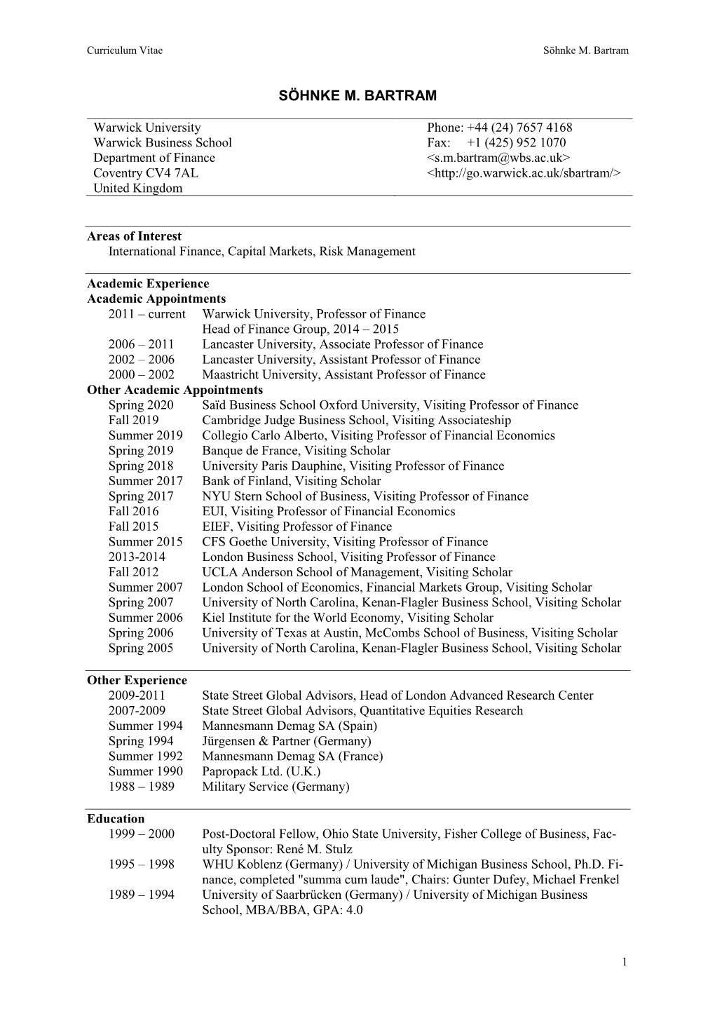 Resume of Sohnke M. Bartram