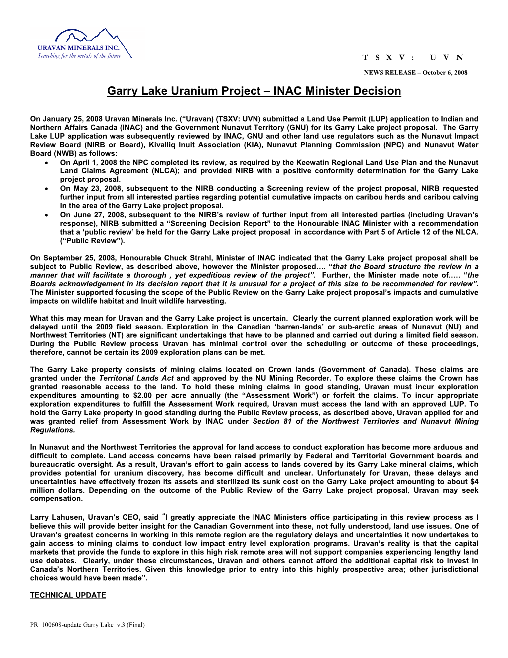 Garry Lake Uranium Project – INAC Minister Decision