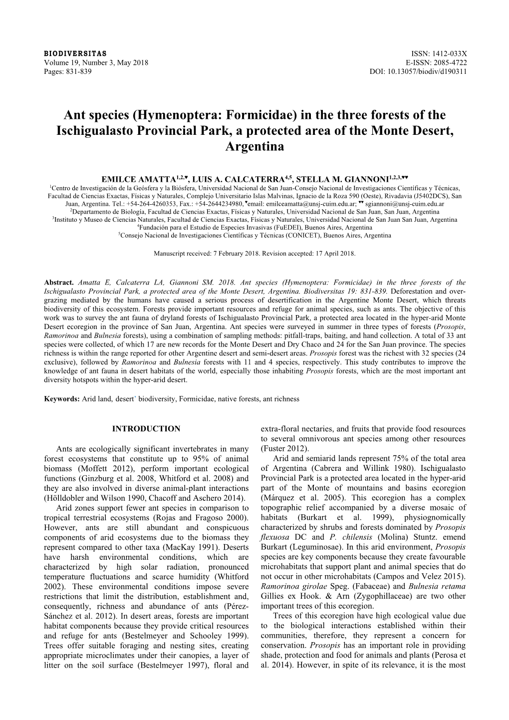 Ant Species (Hymenoptera: Formicidae) in the Three Forests of the Ischigualasto Provincial Park, a Protected Area of the Monte Desert, Argentina