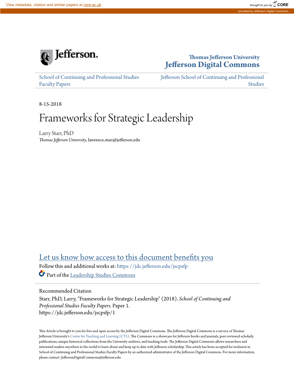 Frameworks for Strategic Leadership Larry Starr, Phd Thomas Jefferson University, Lawrence.Starr@Jefferson.Edu