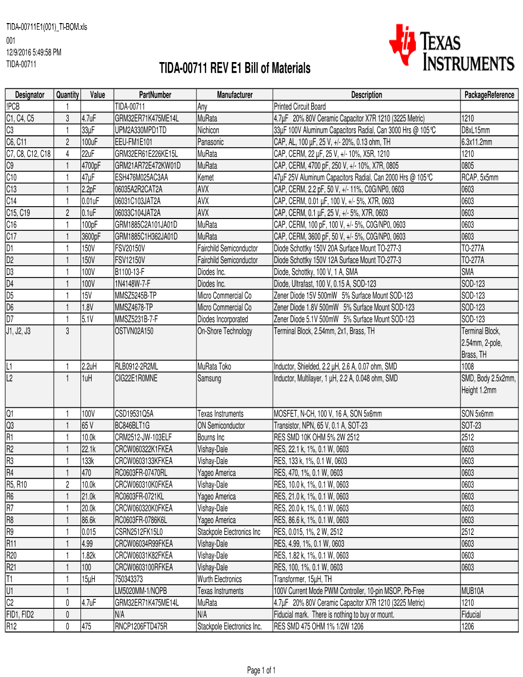 TIDA-00711 REV E1 Bill of Materials