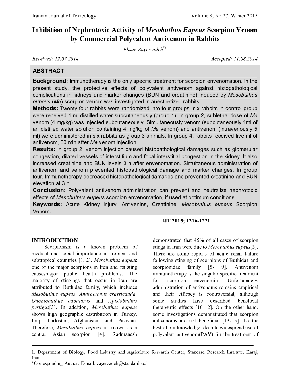 Inhibition of Nephrotoxic Activity of Mesobuthus Eupeus Scorpion