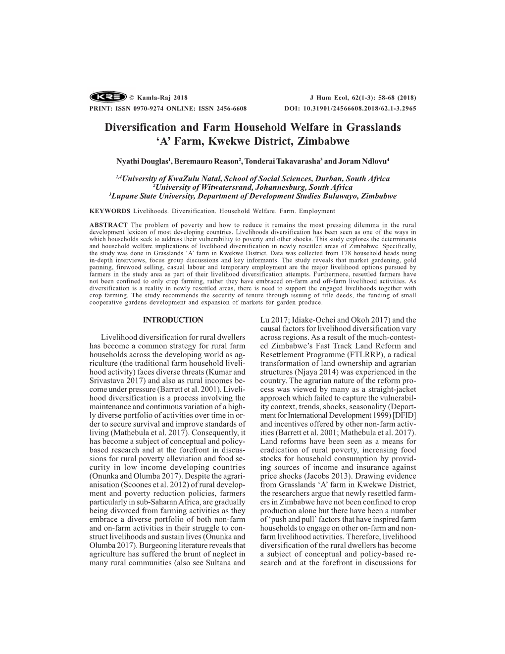 Diversification and Farm Household Welfare in Grasslands 'A' Farm, Kwekwe District, Zimbabwe