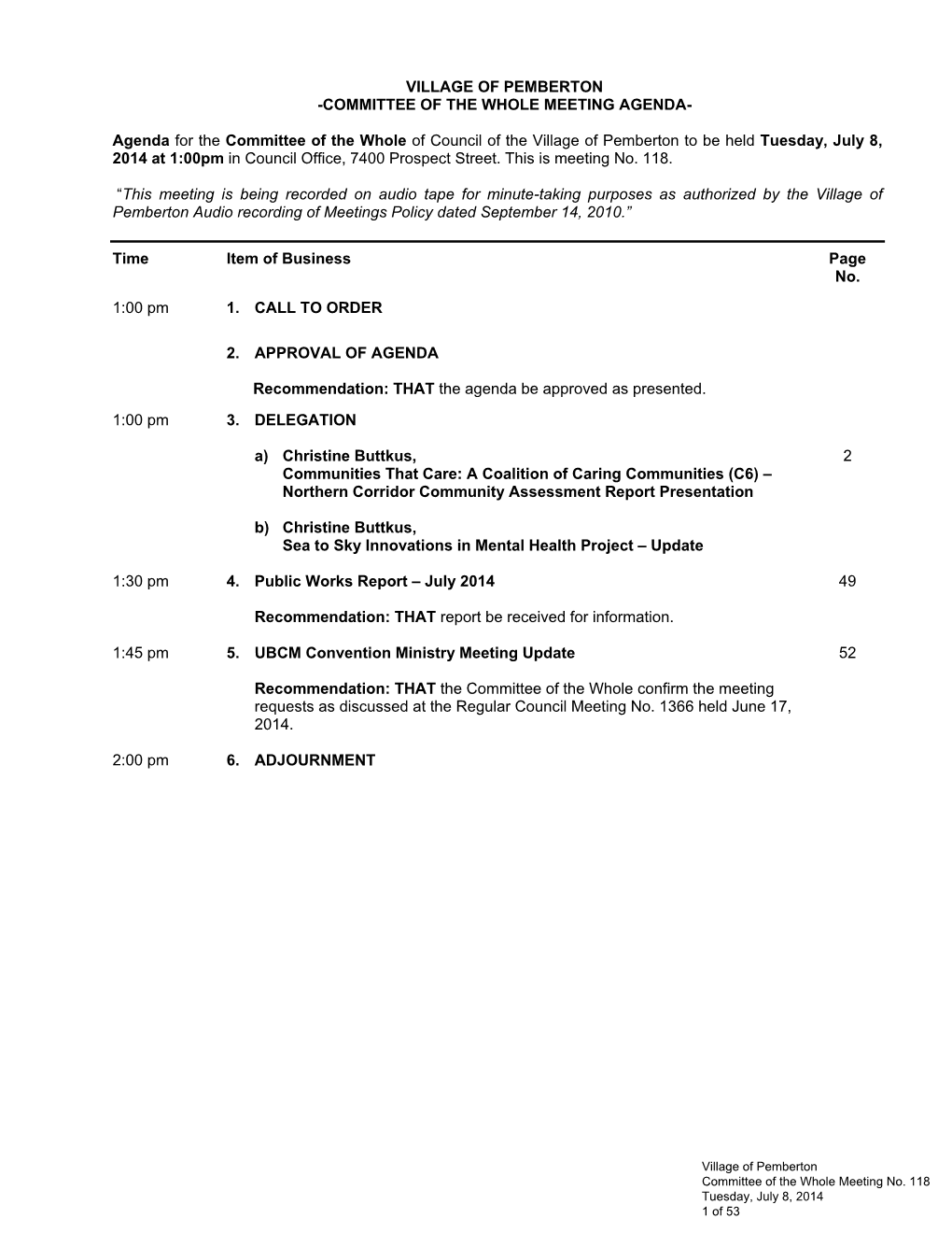 Committee of the Whole Meeting Agenda