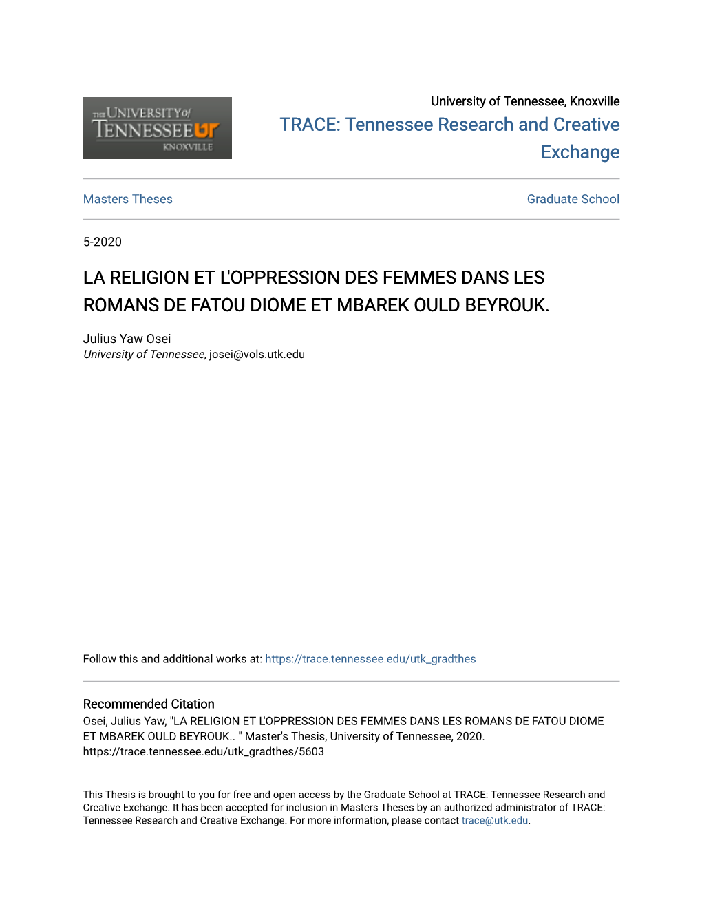 La Religion Et L'oppression Des Femmes Dans Les Romans De Fatou Diome Et Mbarek Ould Beyrouk