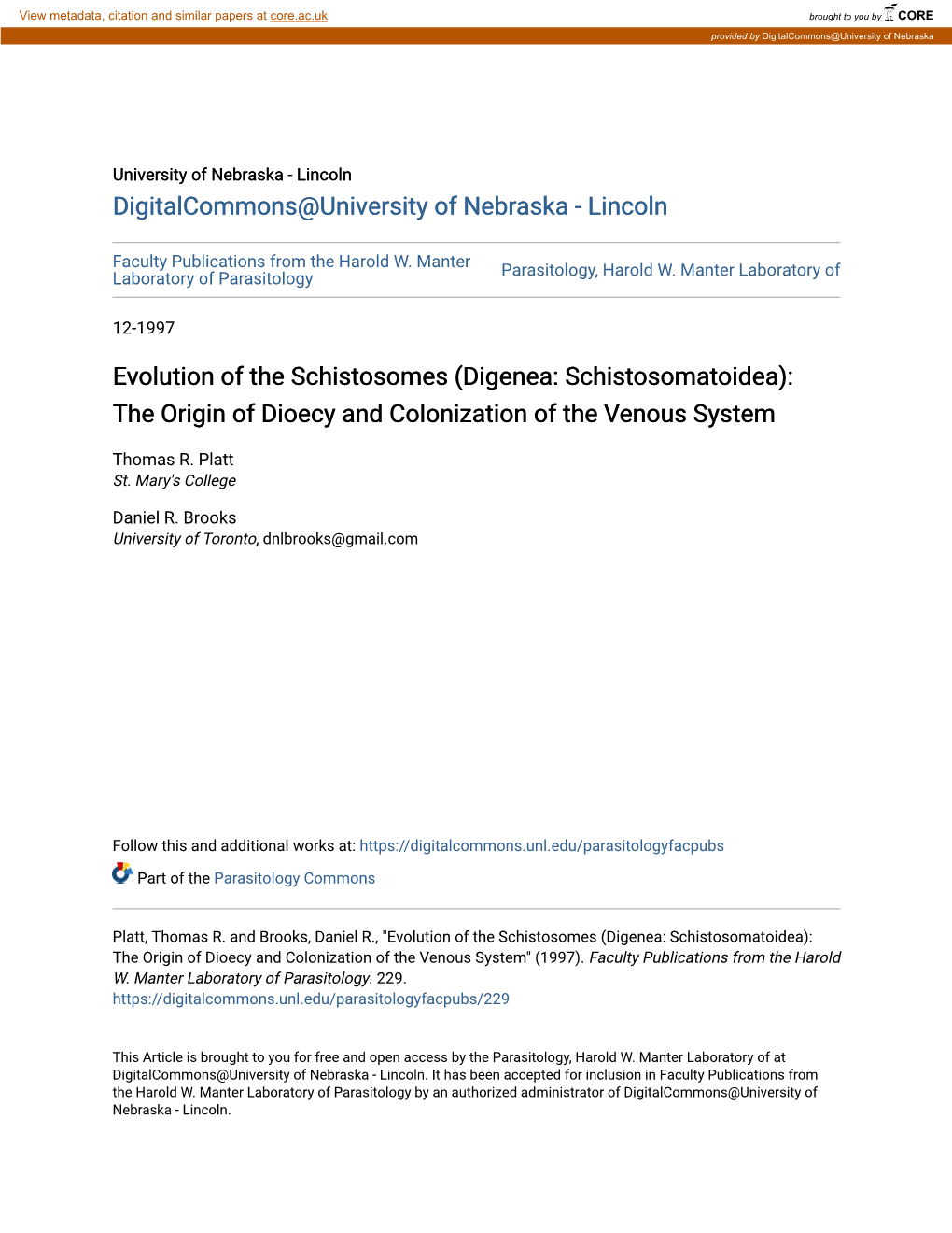 Evolution of the Schistosomes (Digenea: Schistosomatoidea): the Origin of Dioecy and Colonization of the Venous System
