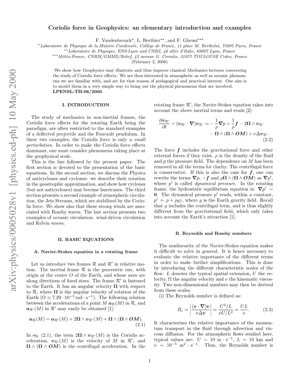 [Physics.Ed-Ph] 10 May 2000 Ω Celeration, Ne.(.) H Em2 Term the (2.1), Eq