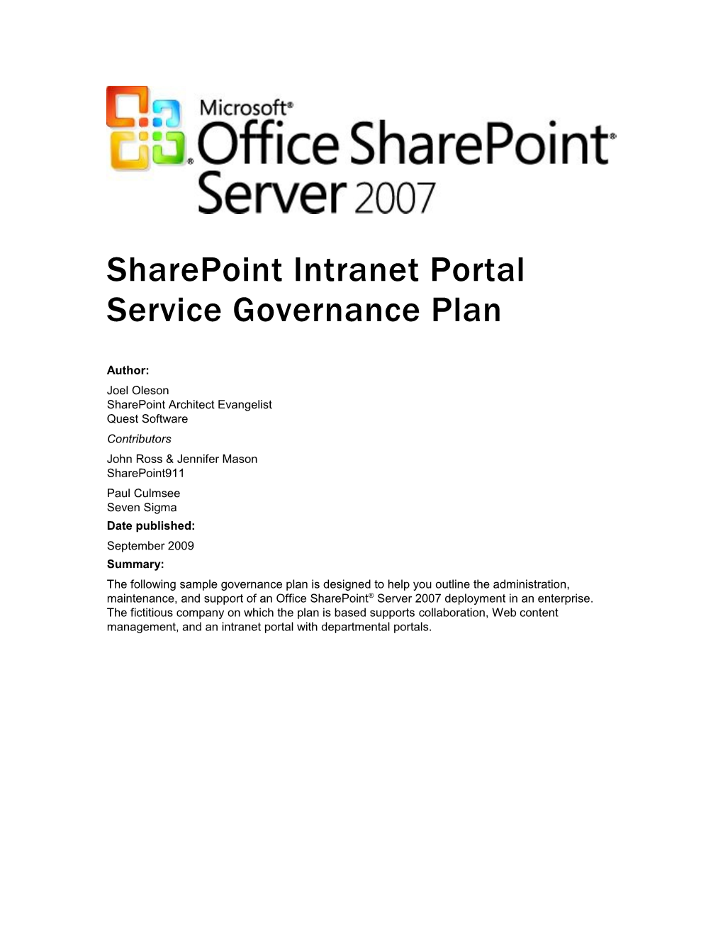 Sharepoint Intranet Portal Service Governance Plan