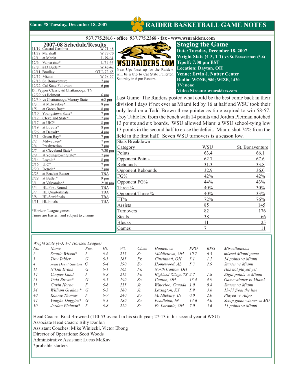 RAIDER BASKETBALL GAME NOTES Staging the Game