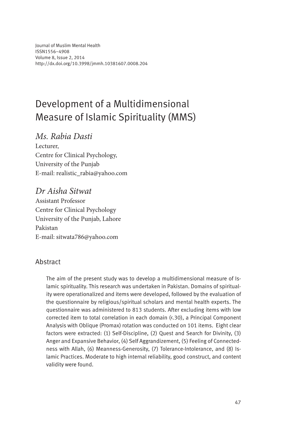 Development of a Multidimensional Measure of Islamic Spirituality (MMS)