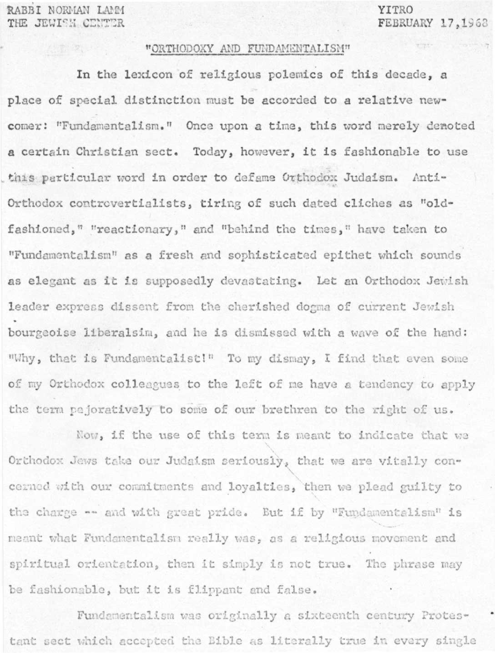 KABBI NOEHAN 1^1 YITRO the JEWISH Ci:::R:R FEBRUARY 17,1963 "ORTHODOXY and FUIID^IHHTALISH"