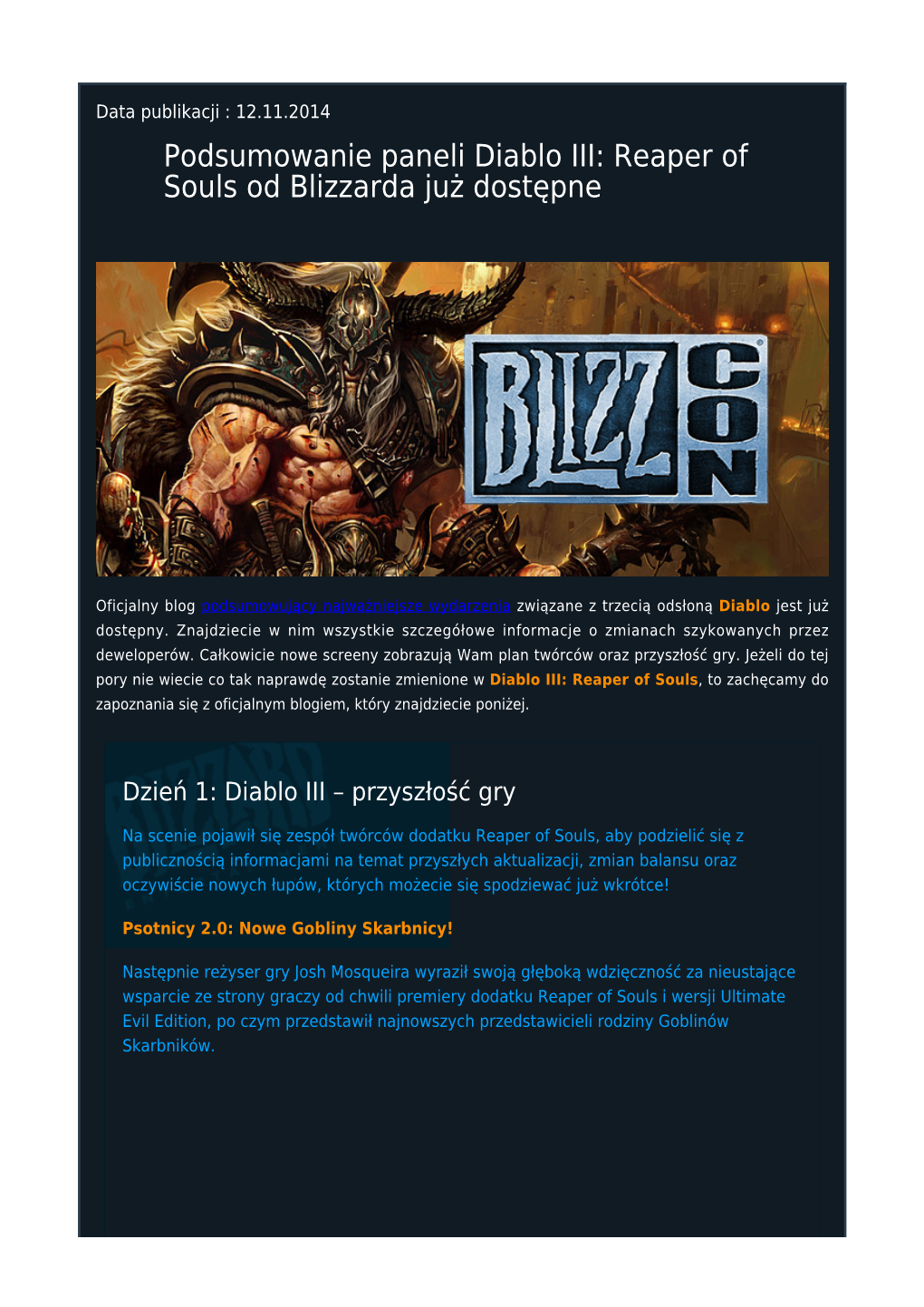 Podsumowanie Paneli Diablo III: Reaper of Souls Od Blizzarda Już Dostępne