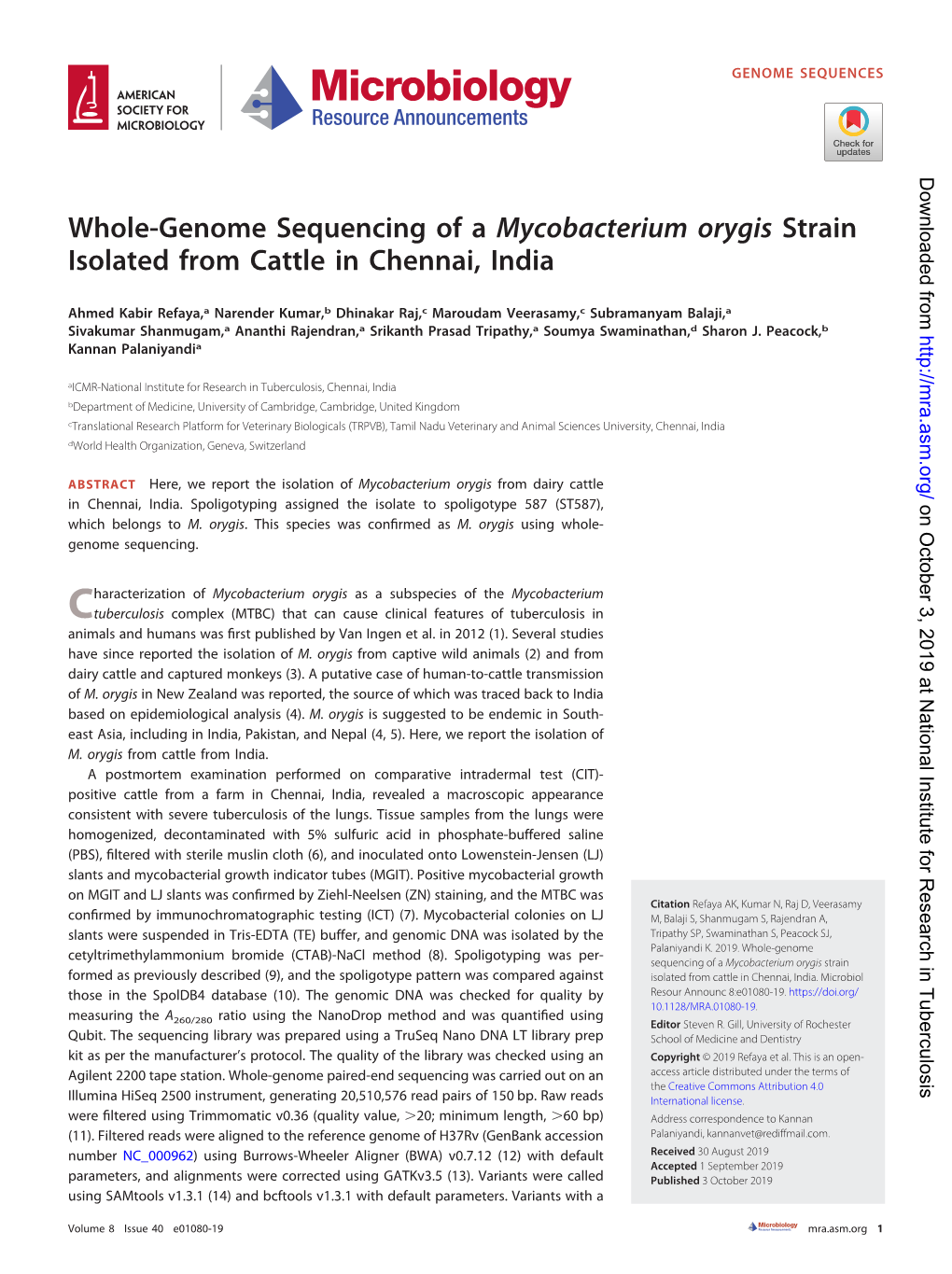 Whole-Genome Sequencing of a Mycobacterium Orygis Strain Isolated from Cattle in Chennai, India