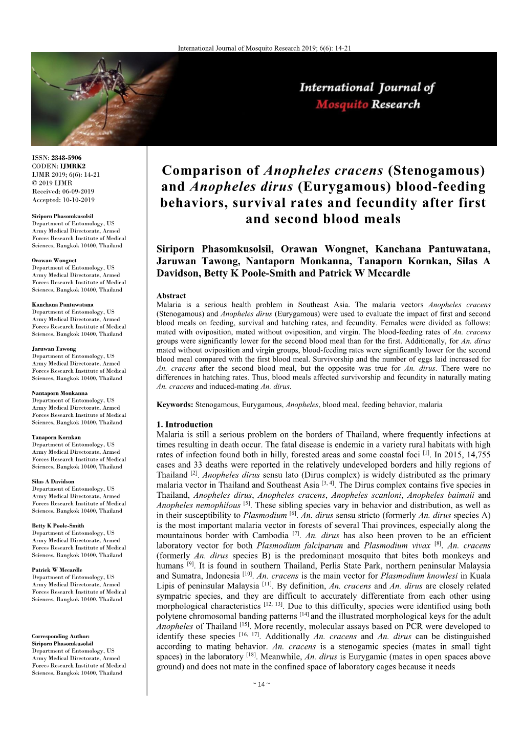 Stenogamous) and Anopheles Dirus (Eurygamous