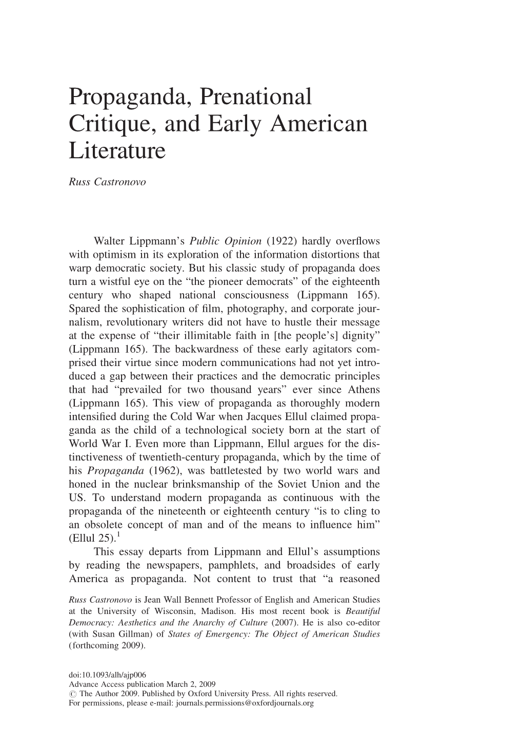 Propaganda, Prenational Critique, and Early American Literature