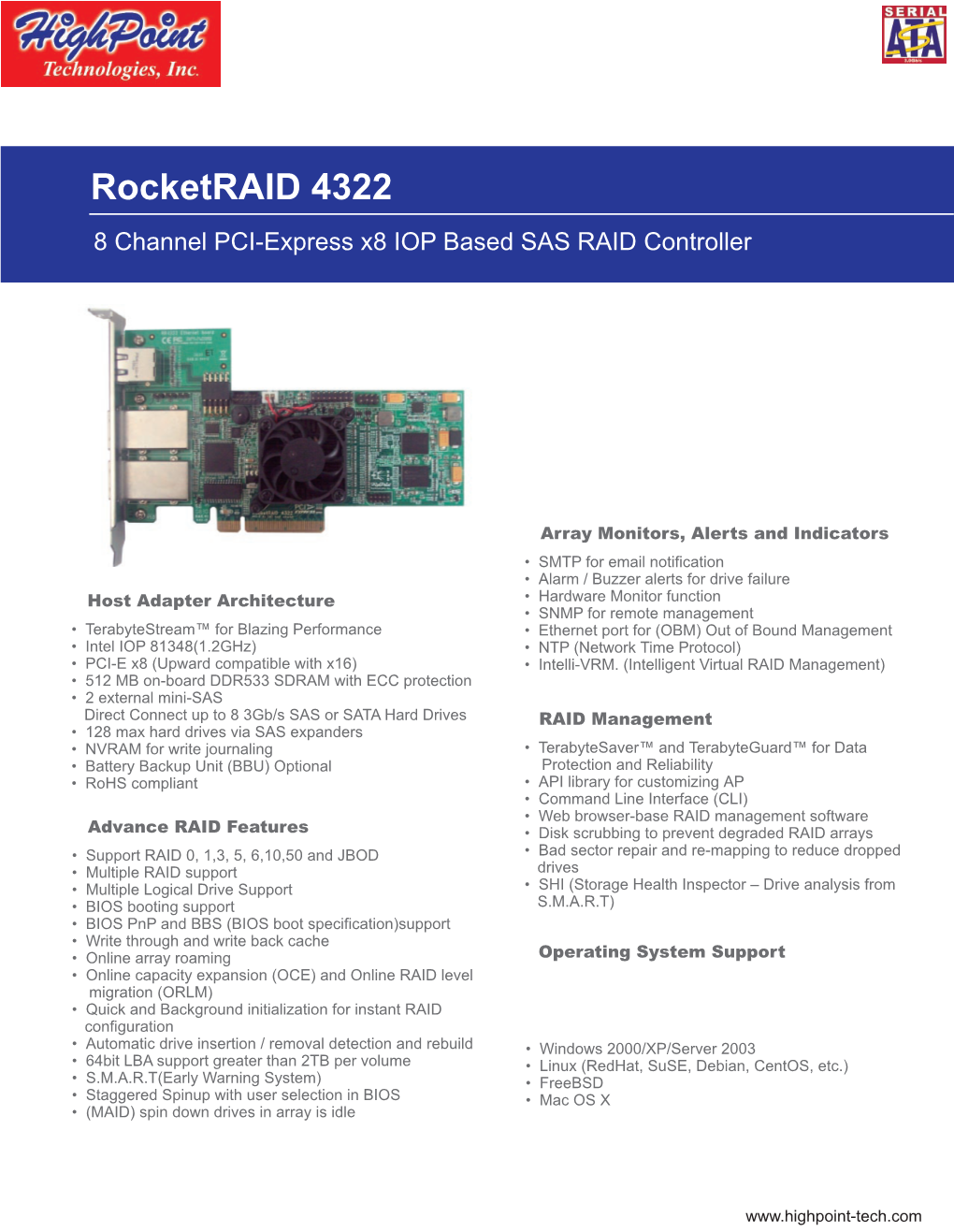 Rocketraid 4322 8 Channel PCI-Express X8 IOP Based SAS RAID Controller