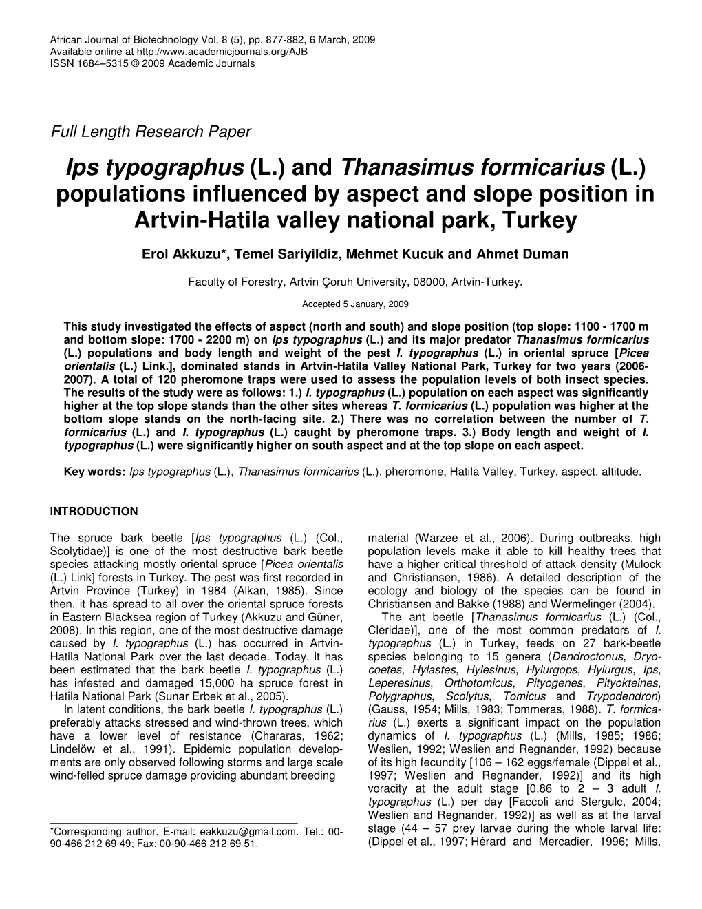 And Thanasimus Formicarius (L.) Populations Influenced by Aspect and Slope Position in Artvin-Hatila Valley National Park, Turkey