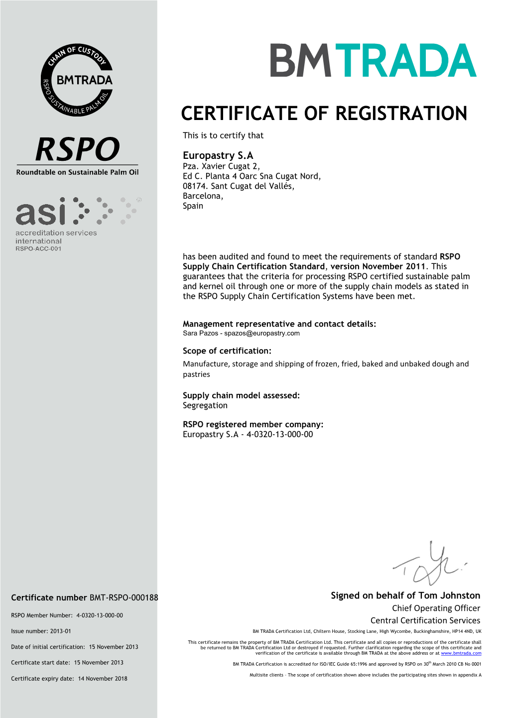 CERTIFICATE of REGISTRATION Thi S Is to Certify That