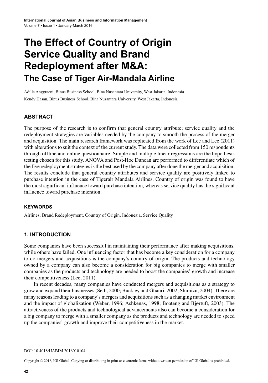 The Effect of Country of Origin Service Quality and Brand Redeployment After M&A: the Case of Tiger Air-Mandala Airline