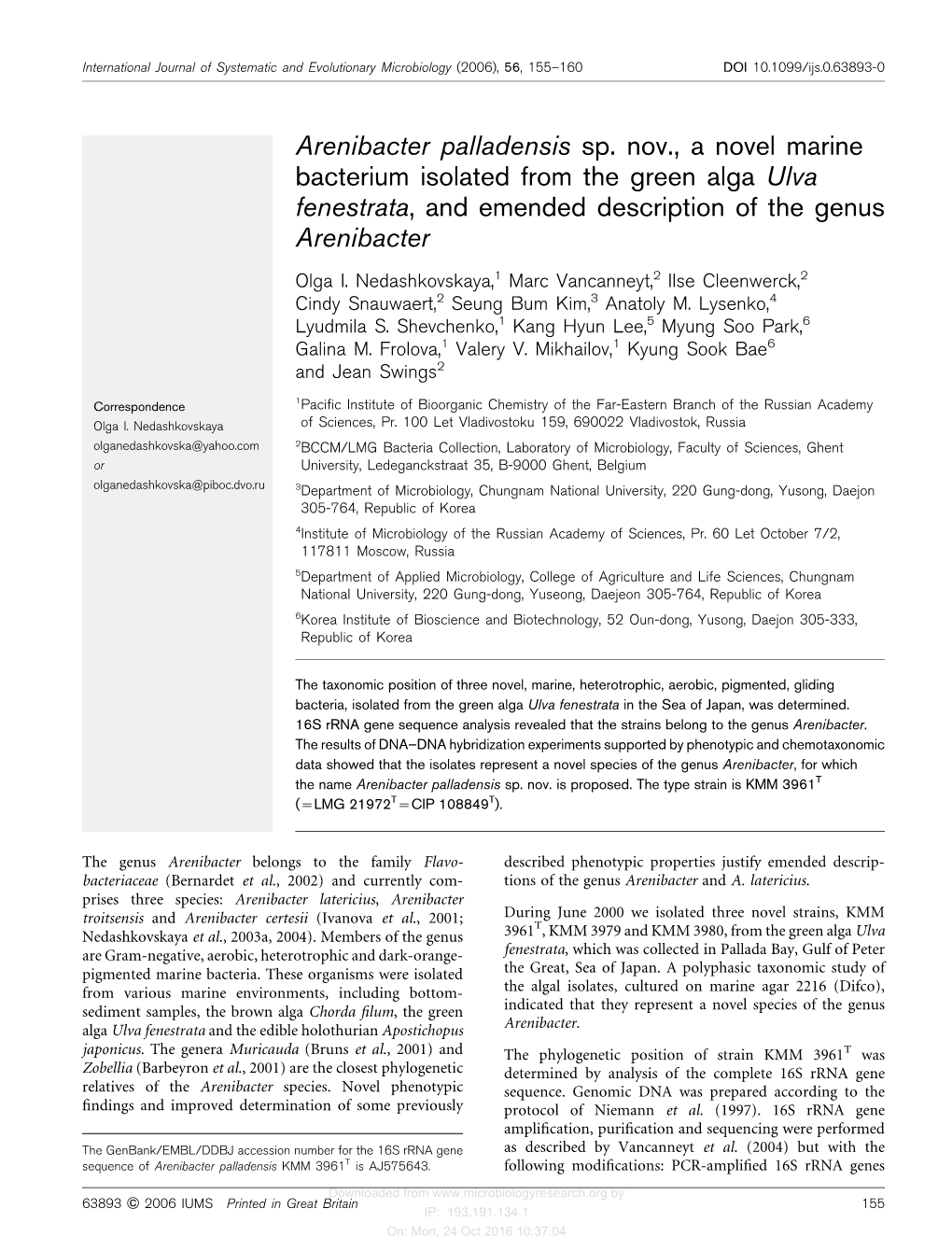 Arenibacter Palladensis Sp. Nov., a Novel Marine Bacterium Isolated from the Green Alga Ulva Fenestrata, and Emended Description of the Genus Arenibacter