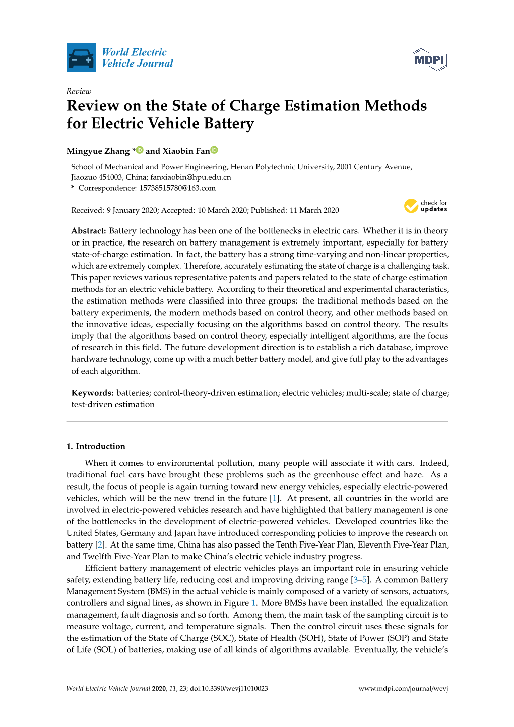 Review on the State of Charge Estimation Methods for Electric Vehicle Battery