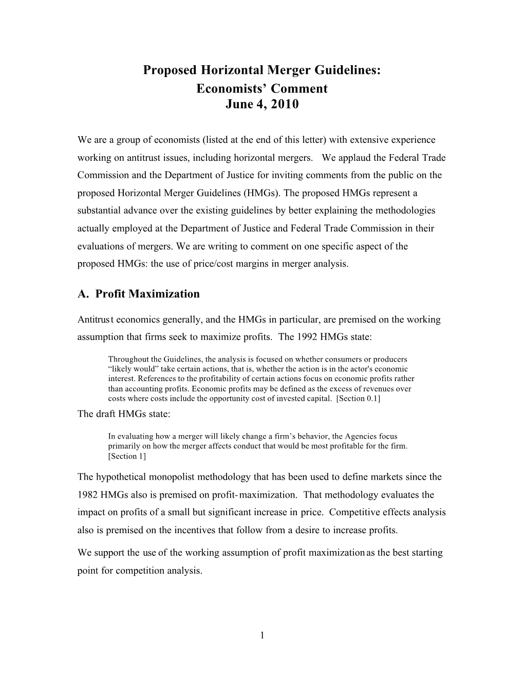 Proposed Horizontal Merger Guidelines: Economists’ Comment June 4, 2010