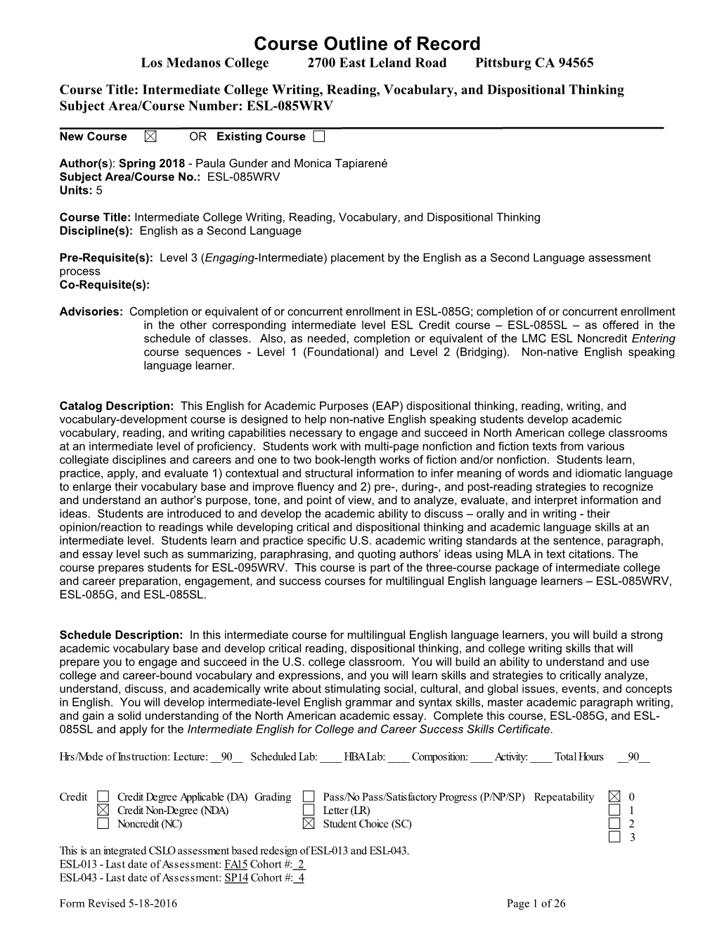 Course Outline of Record Los Medanos College 2700 East Leland Road Pittsburg CA 94565