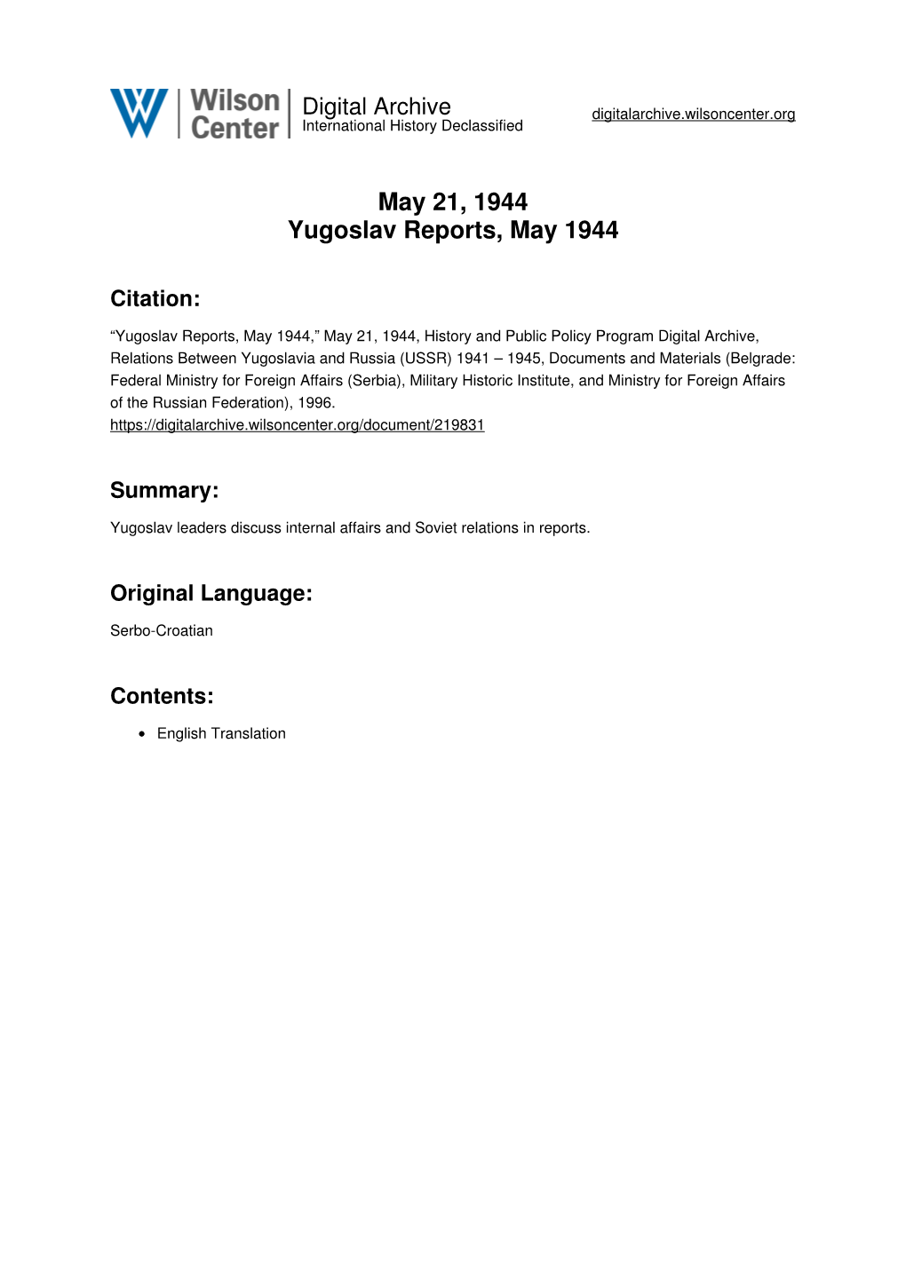 May 21, 1944 Yugoslav Reports, May 1944